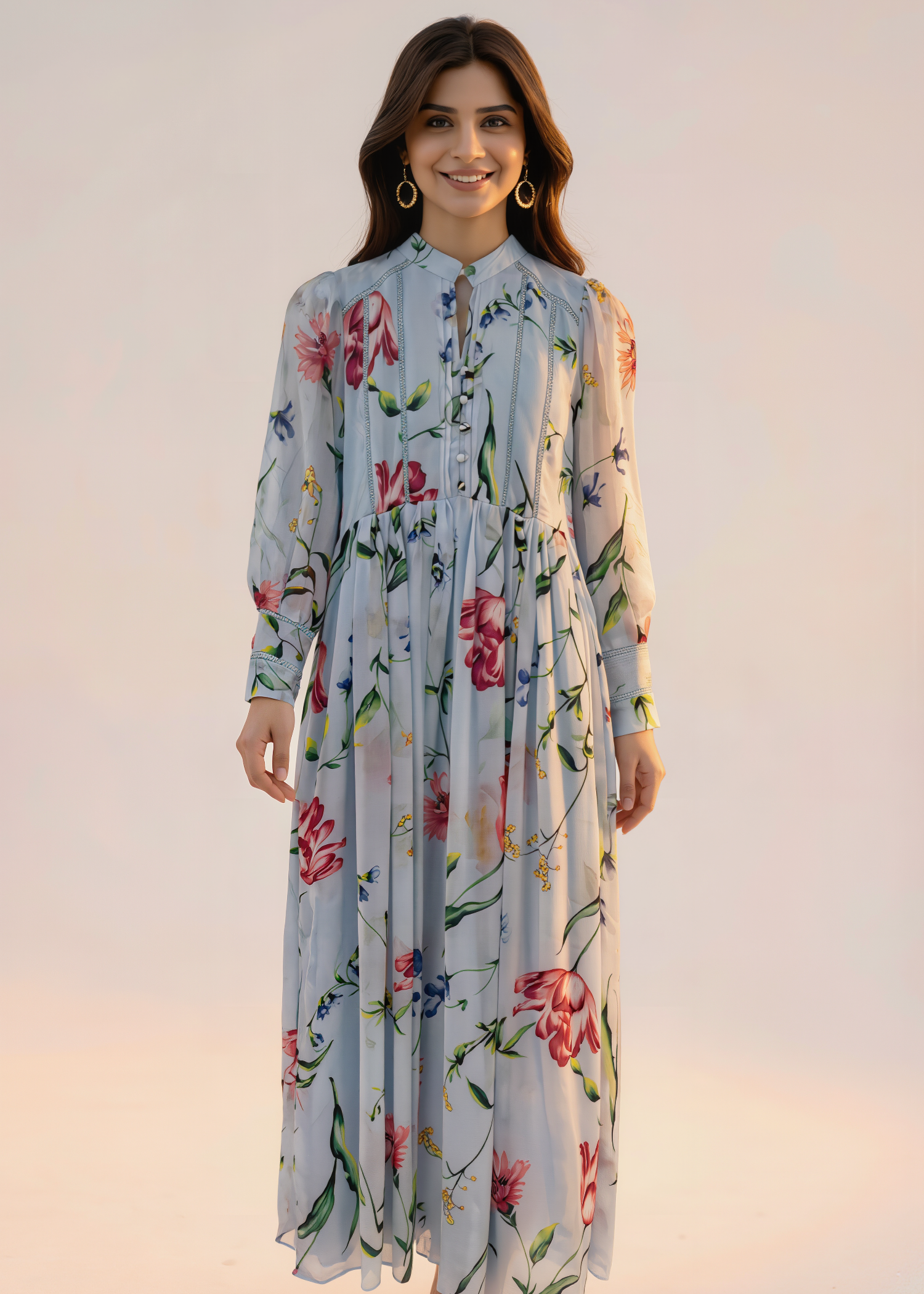 crinkle chiffon Maxi in Powder blue, white