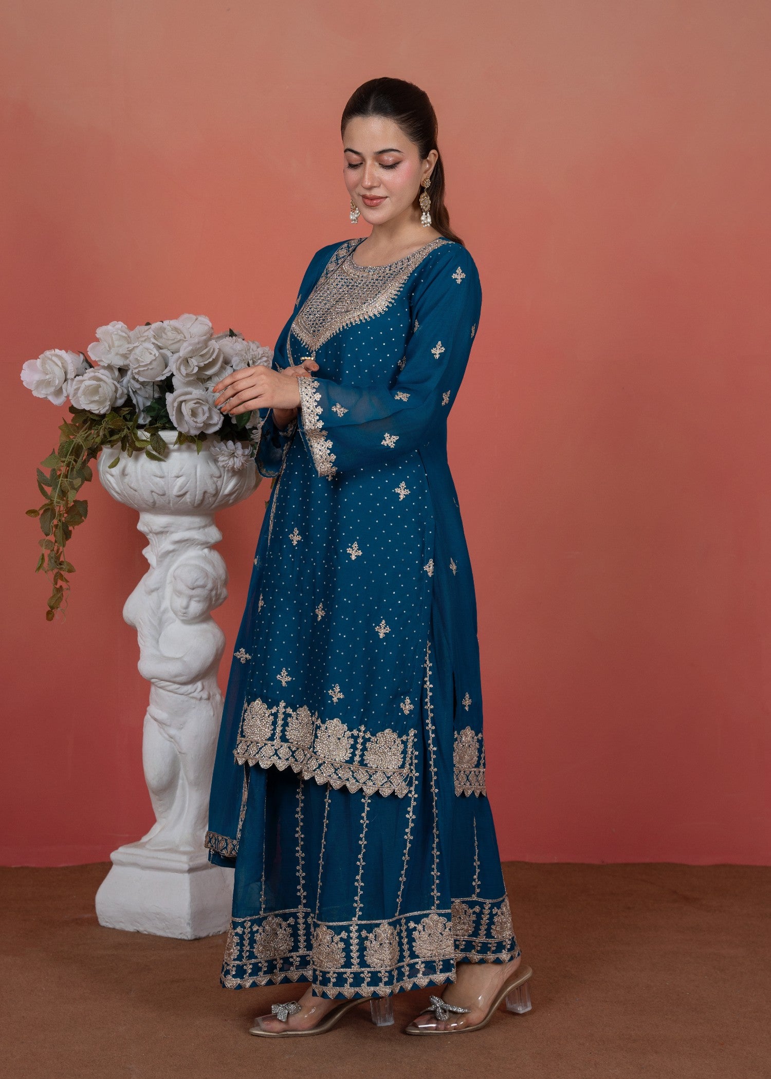 chiffon Kurta Set in Azure