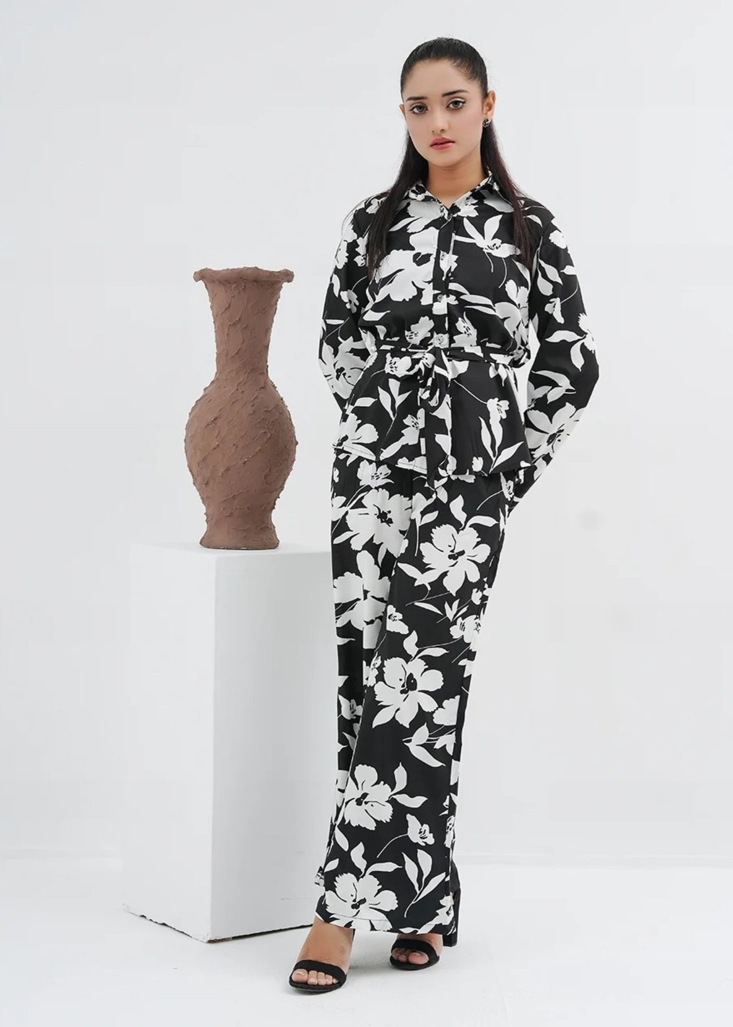blended satin polyester Co Ord Sets in Black