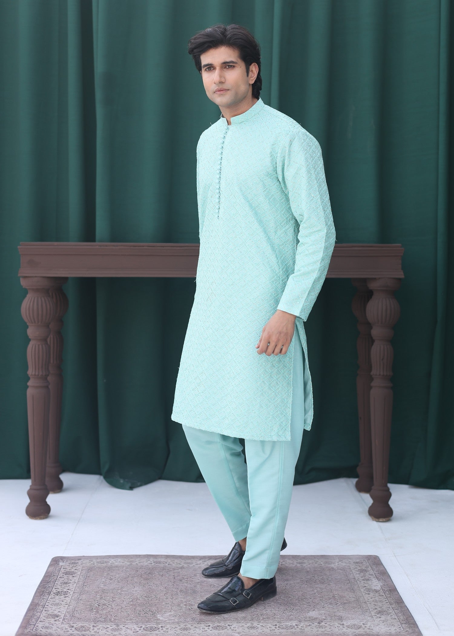 raw silk Kurta Set in Aquamarine