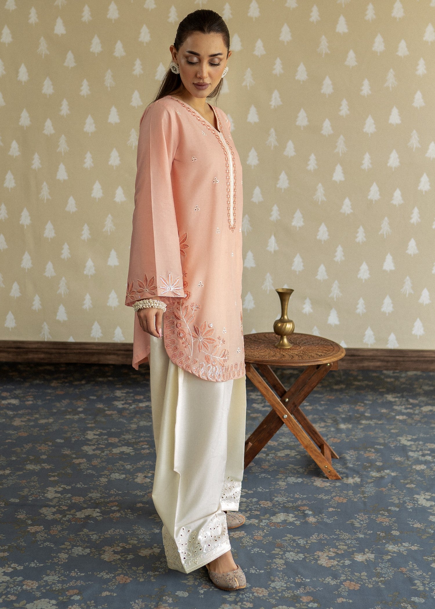 lawn Kurta Set in Off-white, peach pink