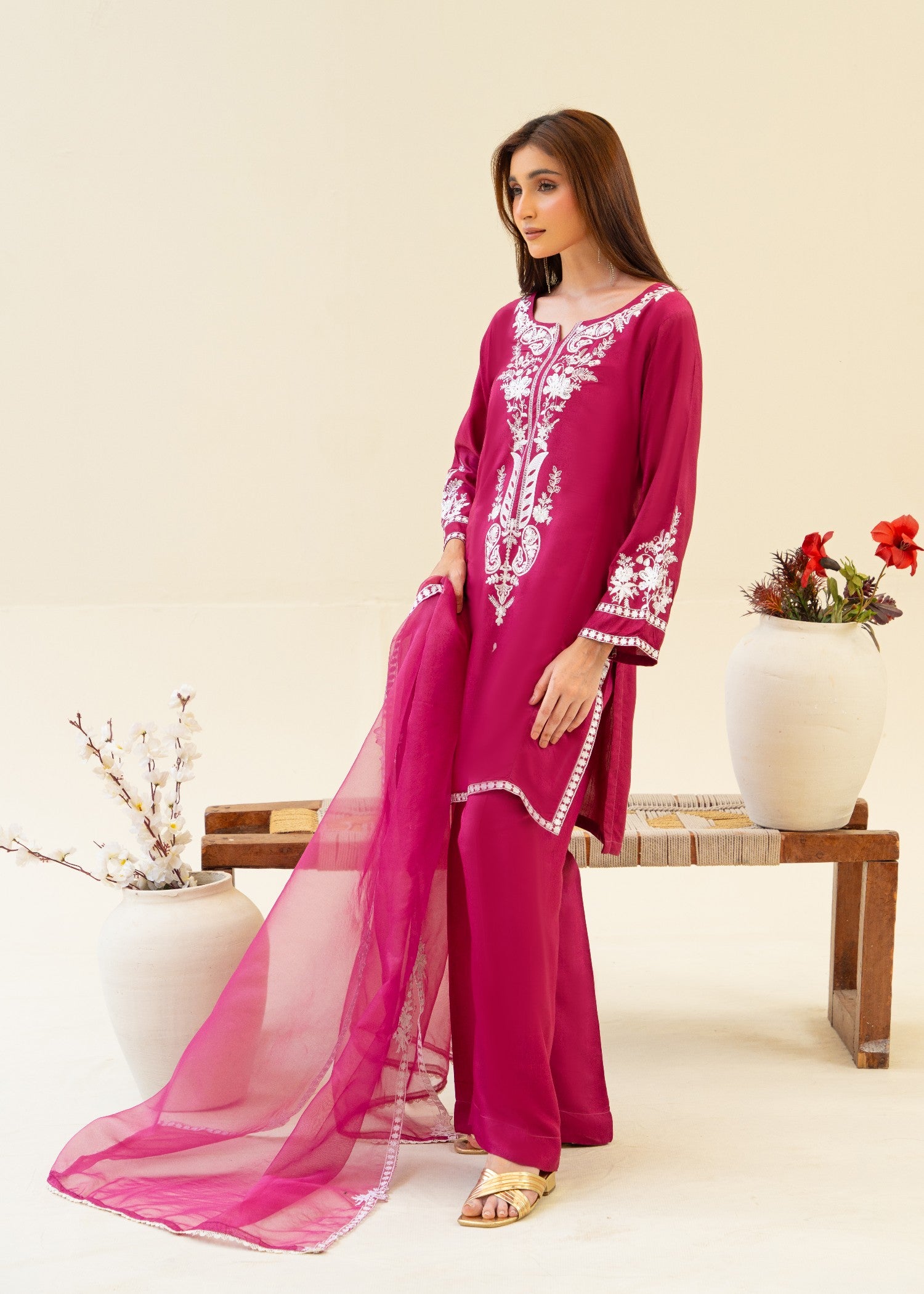 viscose raw silk Kurta Set in Burgundy