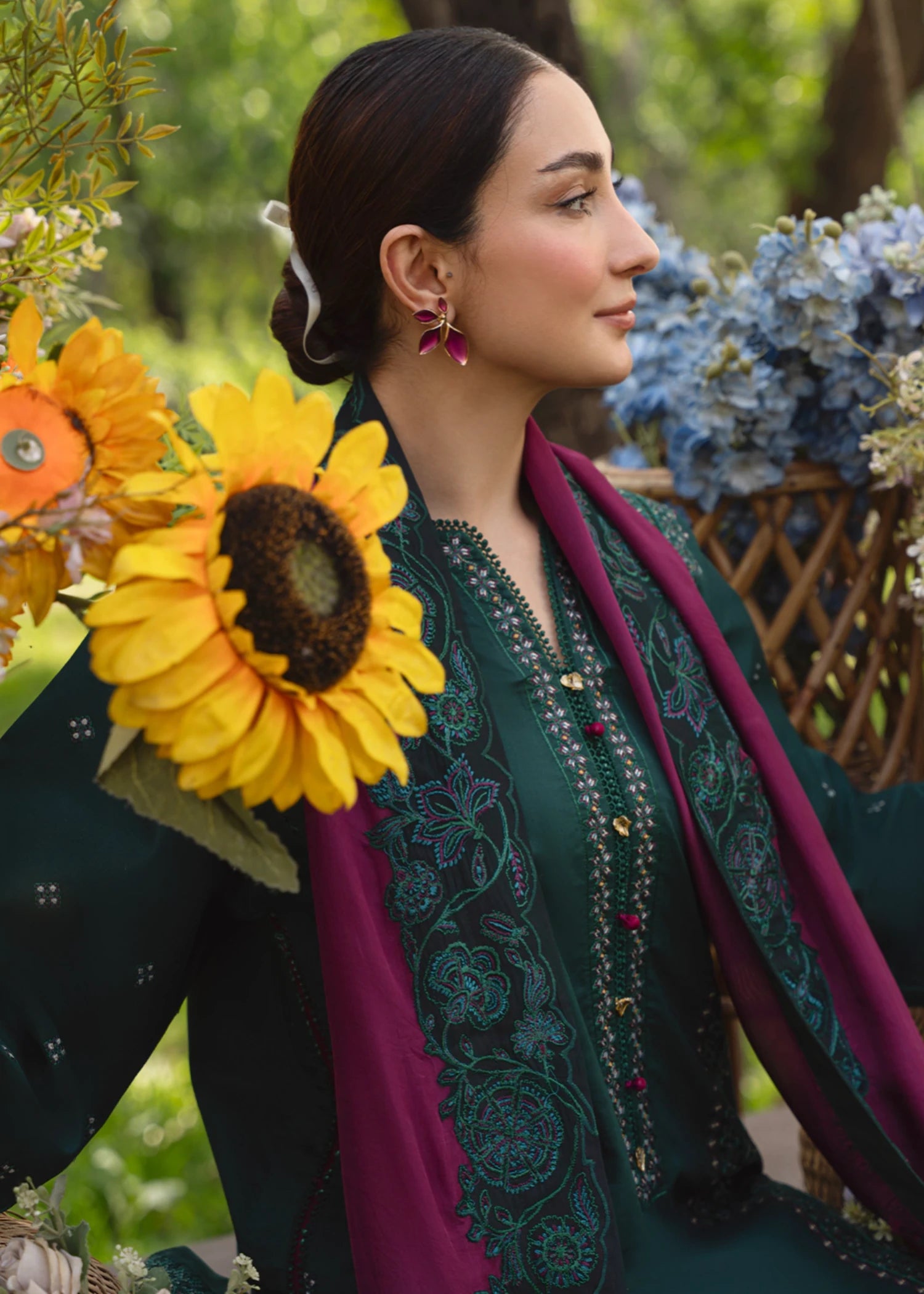 cambric Kurta Set in Forest green