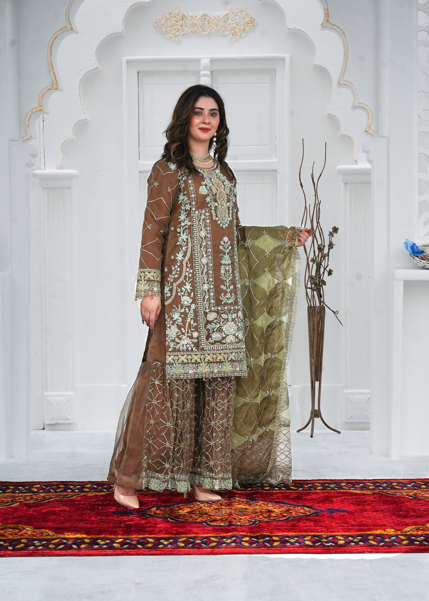 organza Gharara in Brown