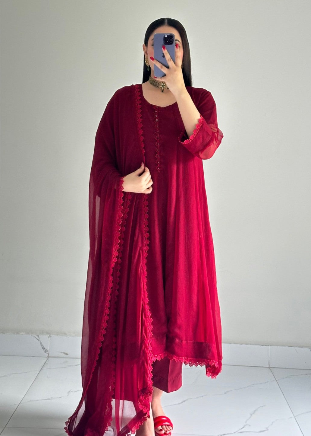 chiffon Pishwas in Maroon
