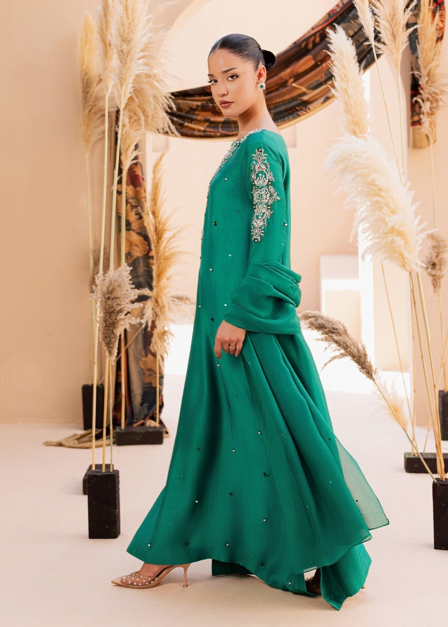 tussar silk Kaftan in Sea green