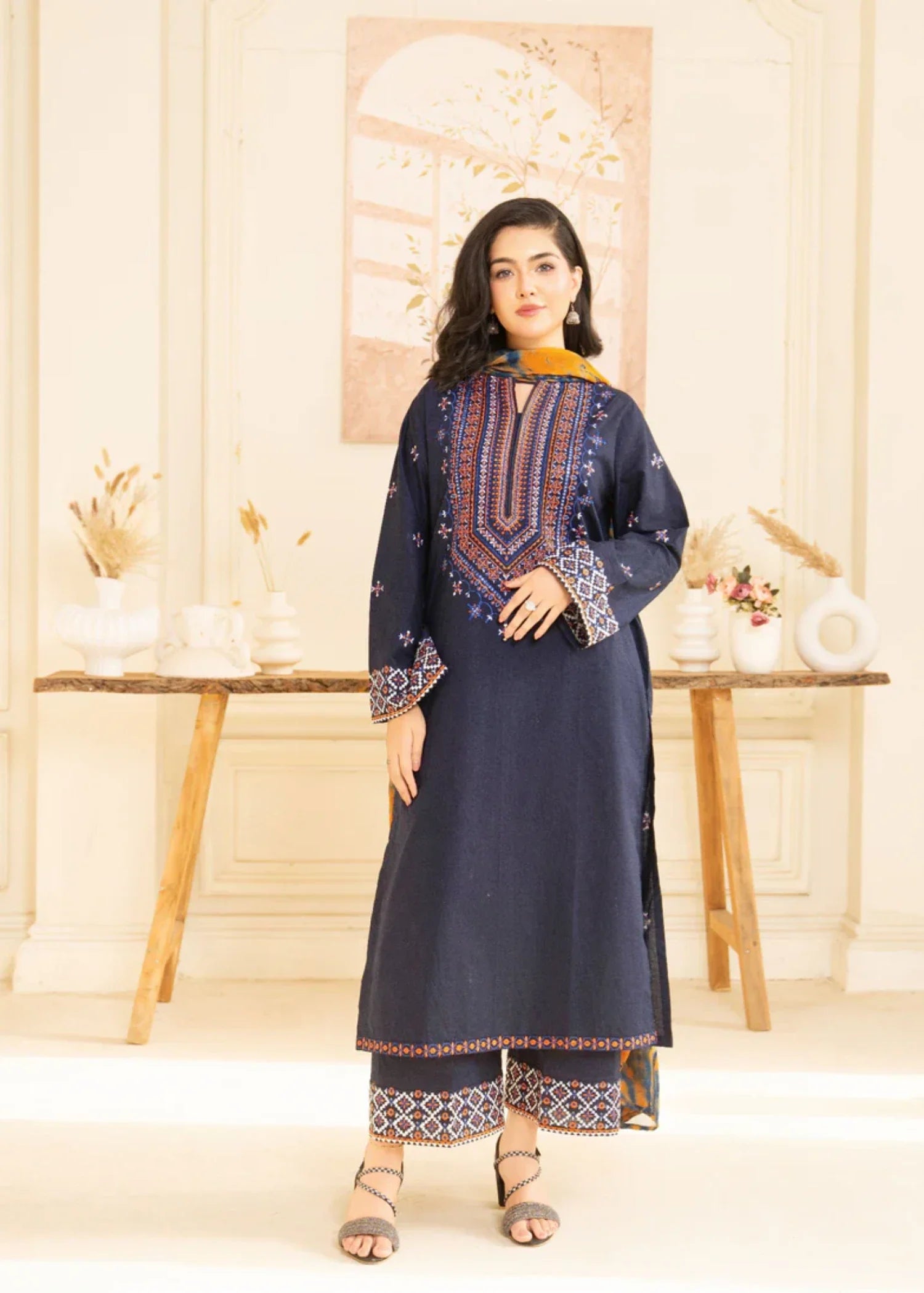 lawn cotton Kurta Set in Navy blue