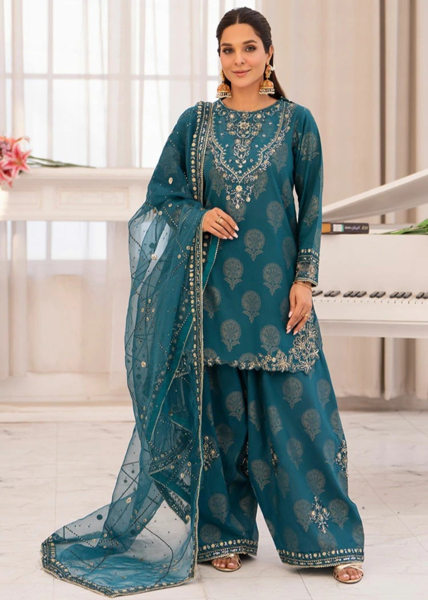 jacquard Kurta Set in Teal