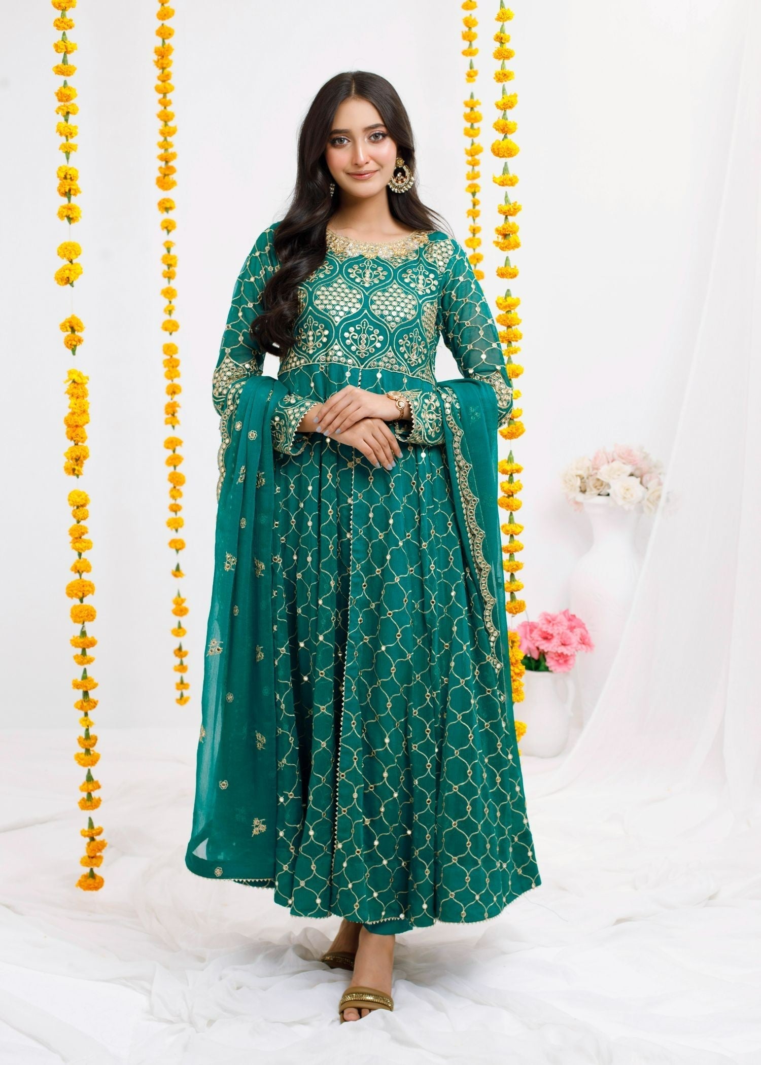 chiffon Pishwas in Emerald green