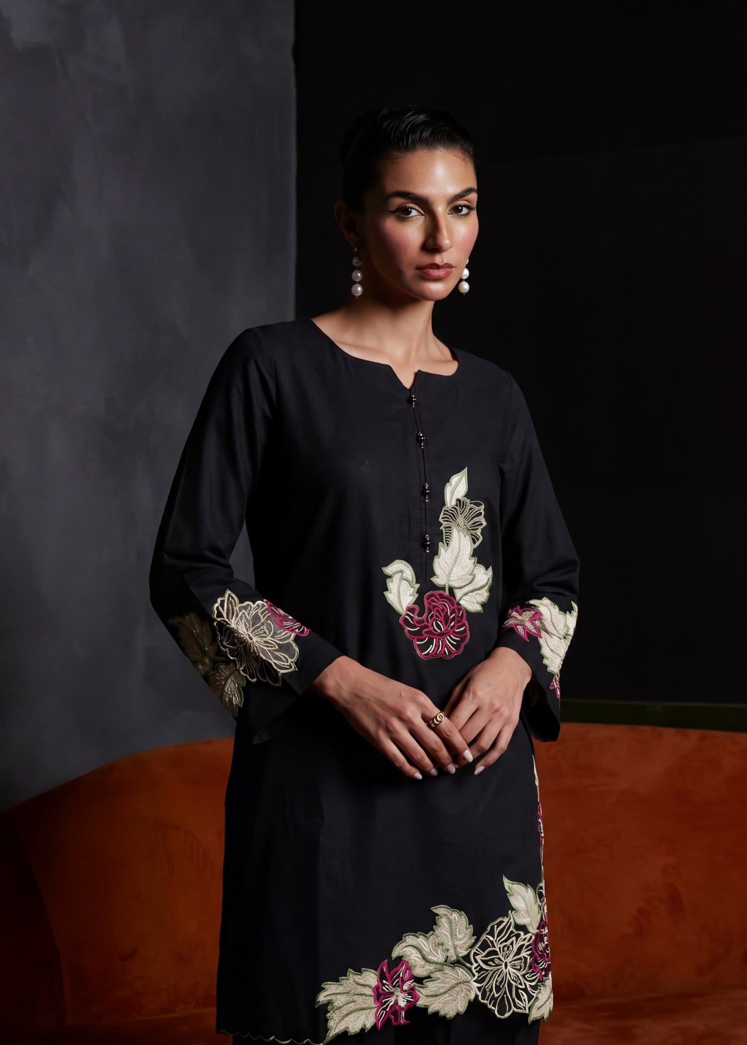 textured lawn Kurta Set in Black