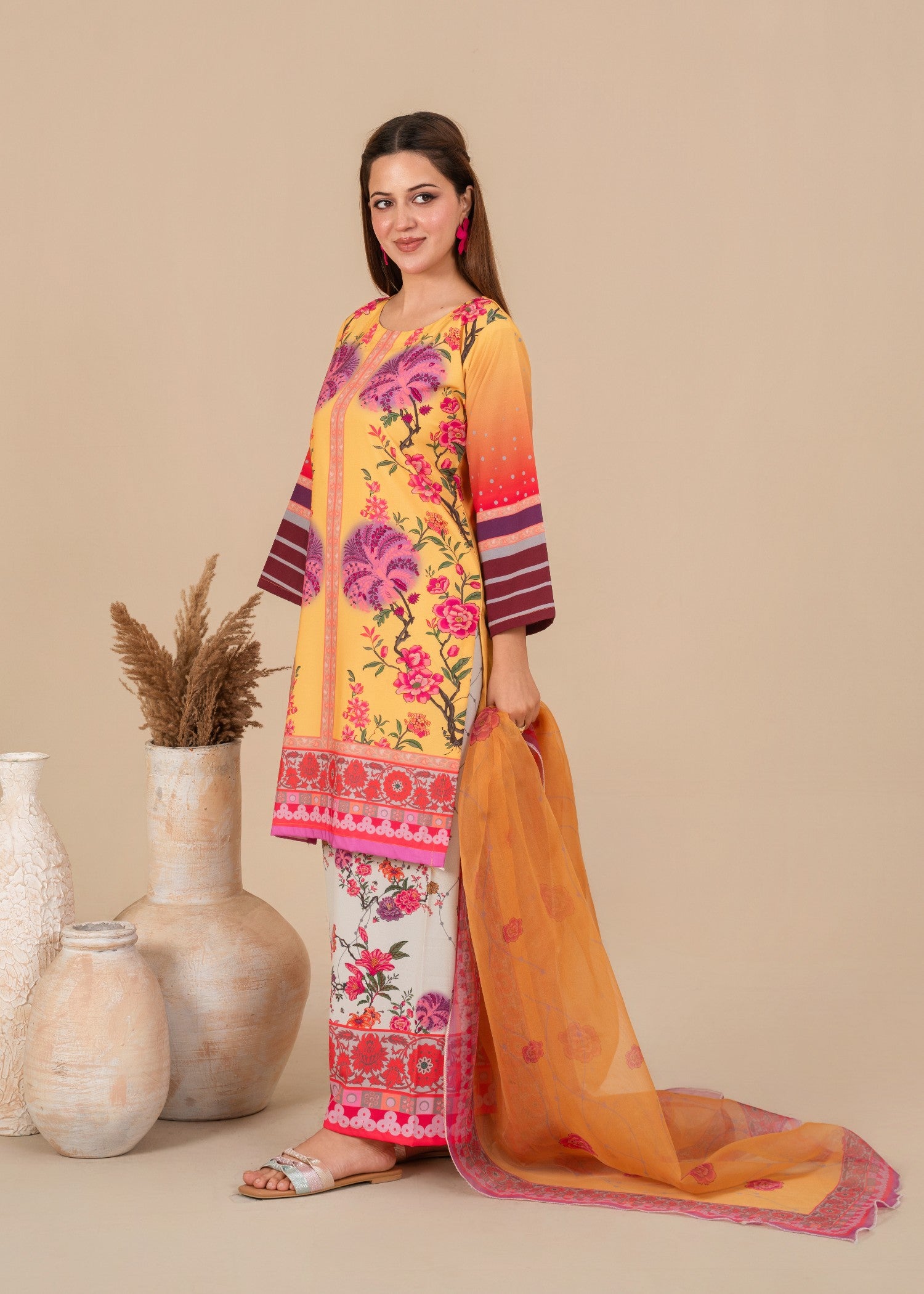 crepe Kurta Set in Yellow-orange