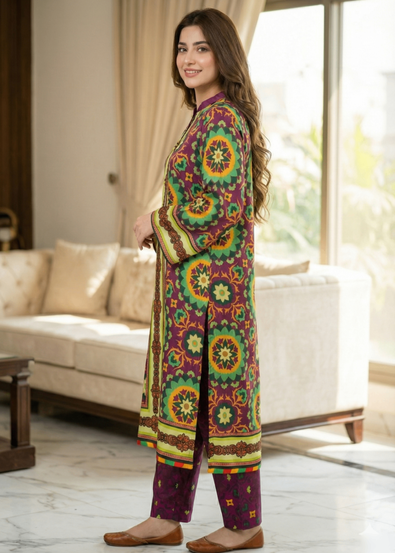 silk charmeuse Kurta Set in Multi