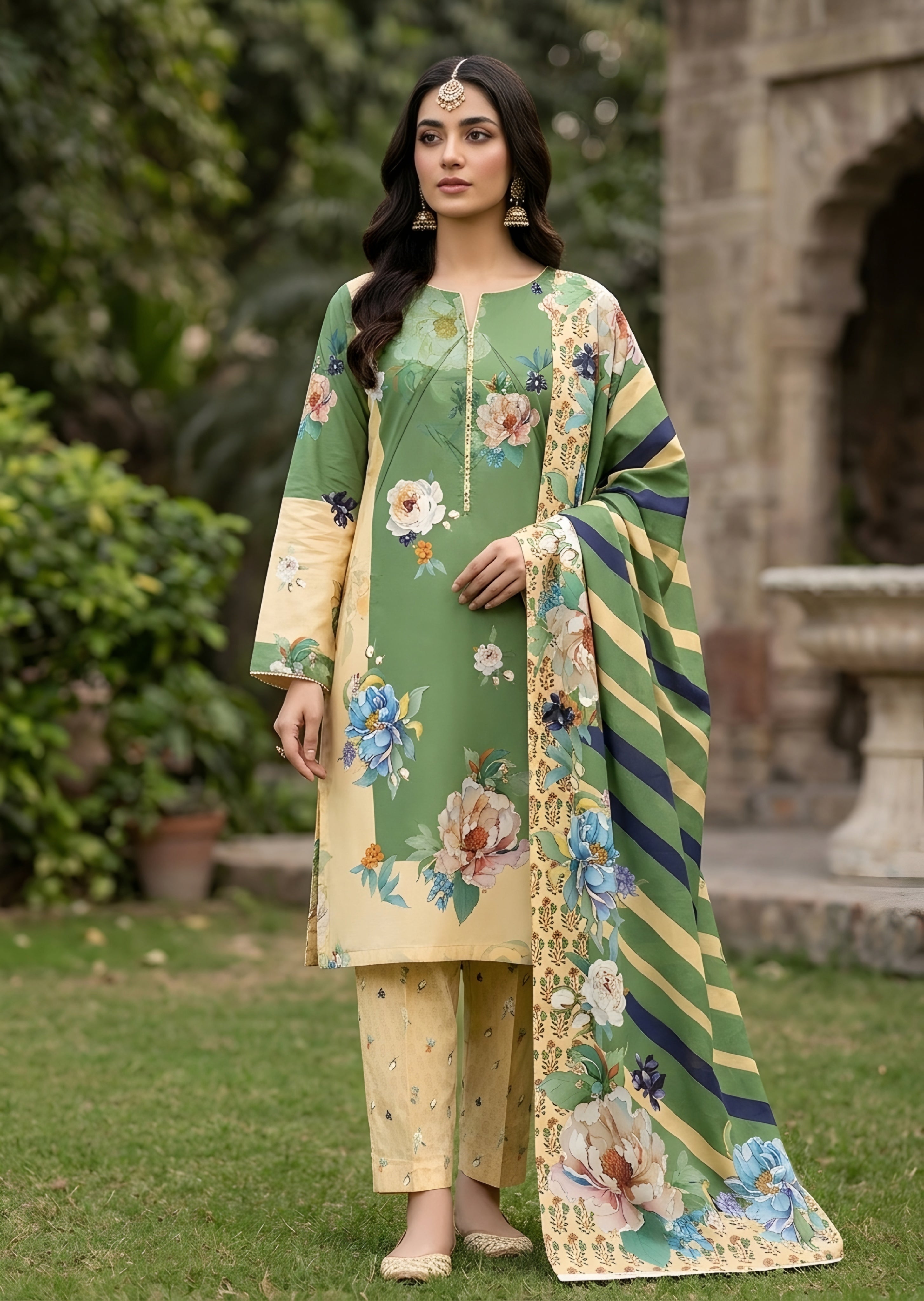 slub linen Unstitched in Pastel green, light yellow