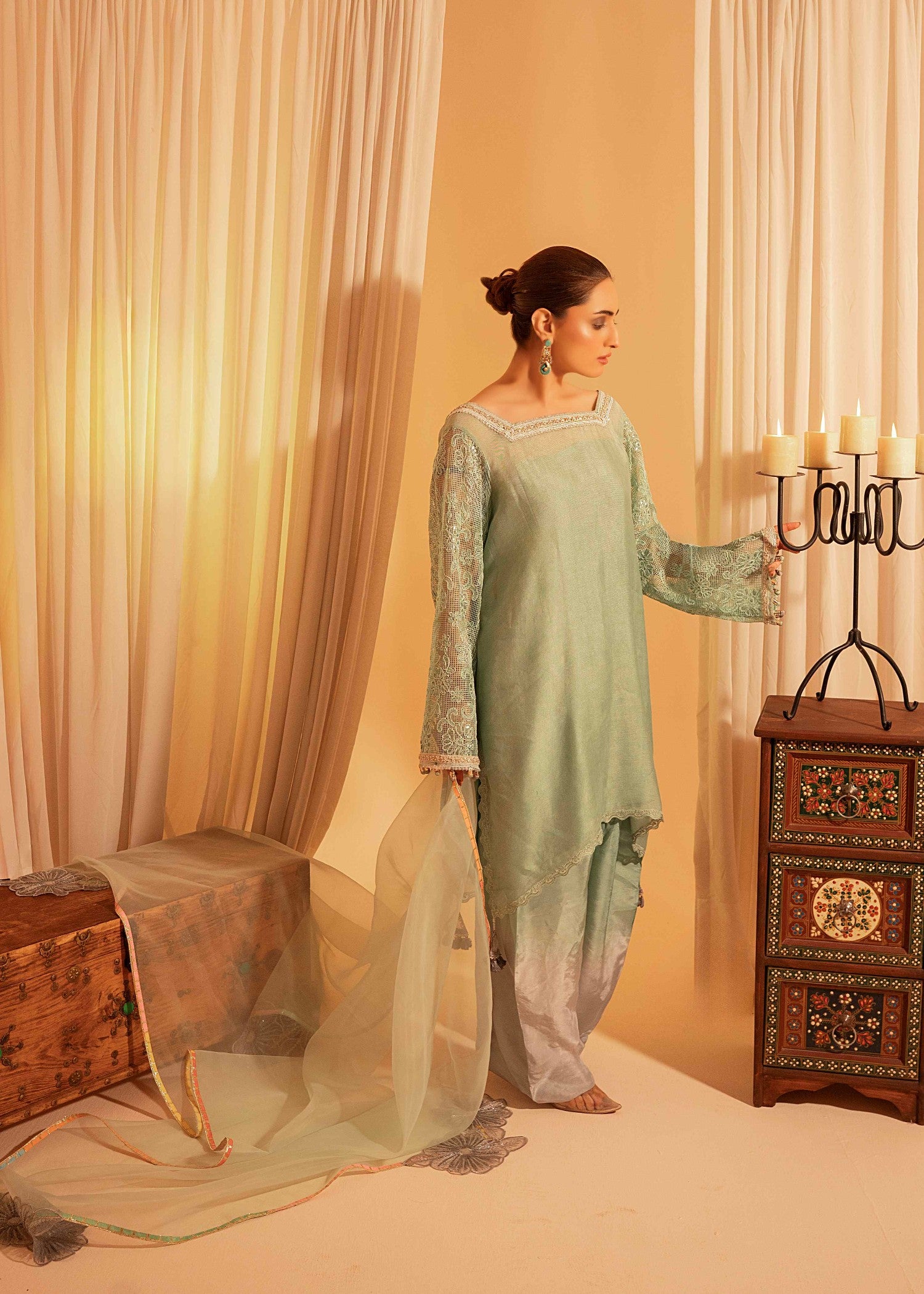 cotton net Kurta Set in Moss green