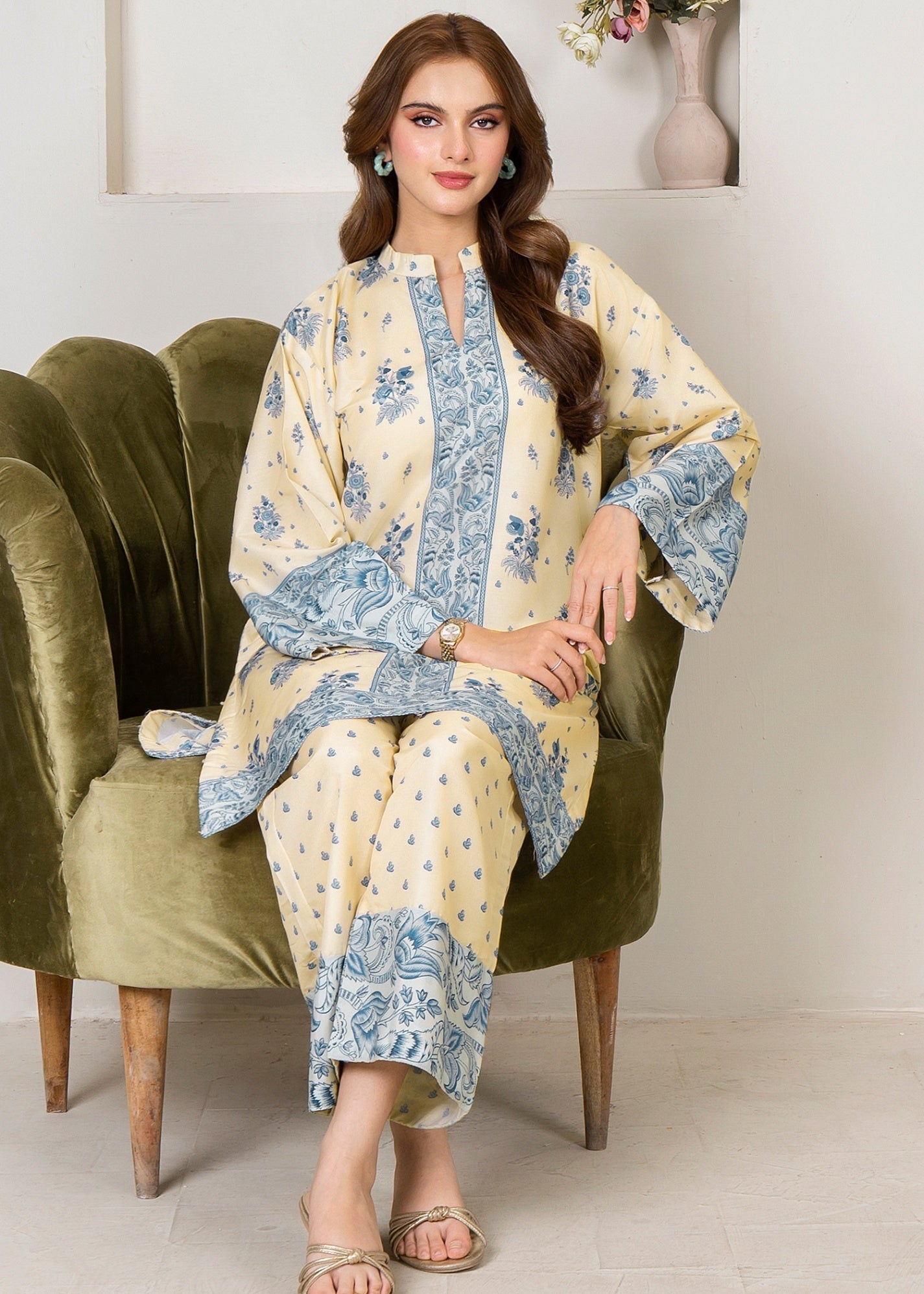 silk finish lawn Co Ord Sets in Butter