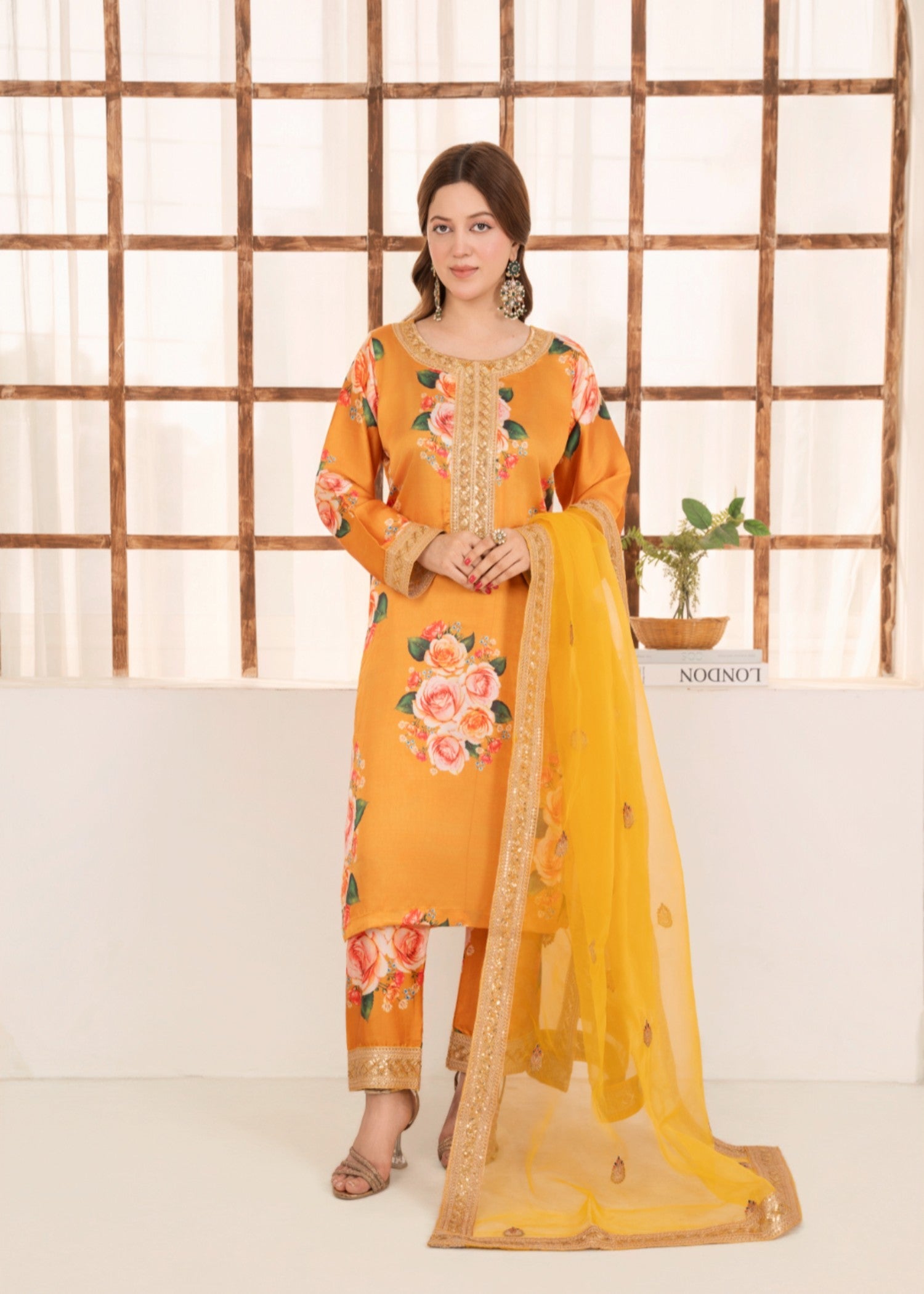 silk charmeuse Kurta Set in Yellow-orange