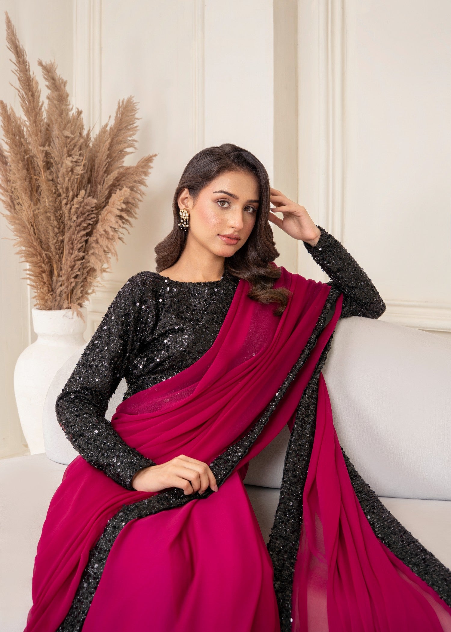 bemberg crinkle chiffon Saree in Magenta