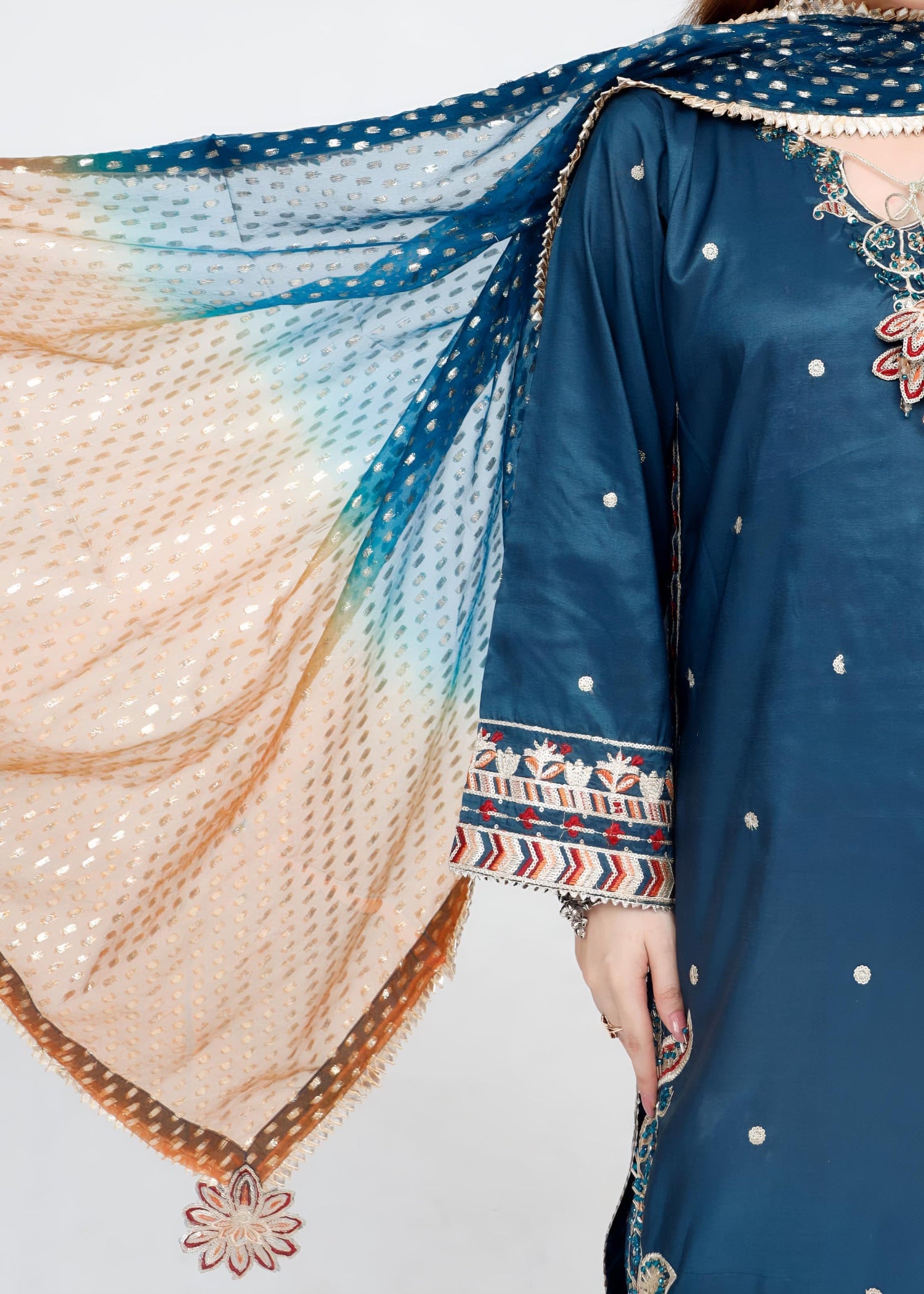 raw silk Kurta Set in Orange, teal, bondi blue