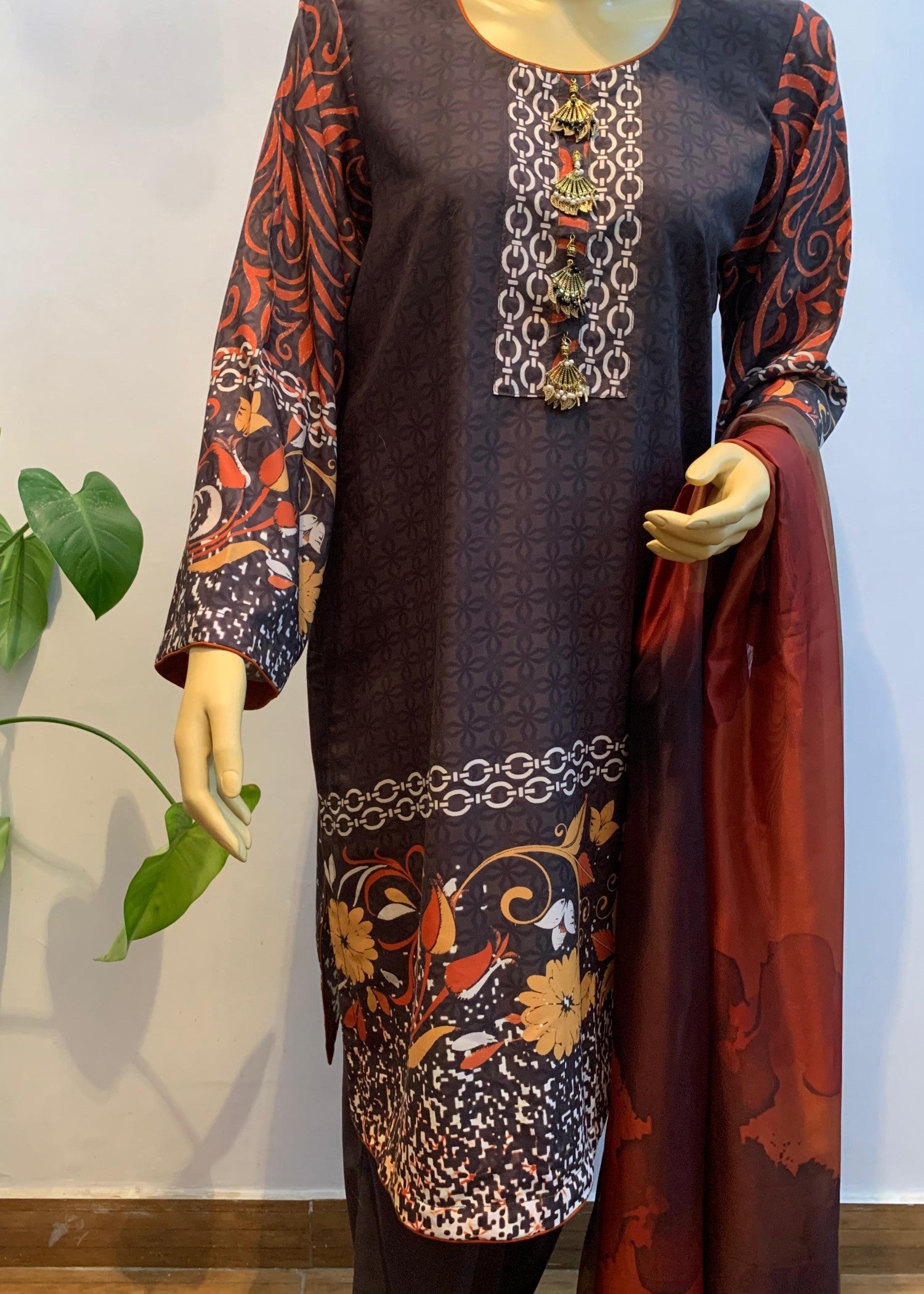 silk finish lawn Unstitched in Dark brown, mustard, peanut