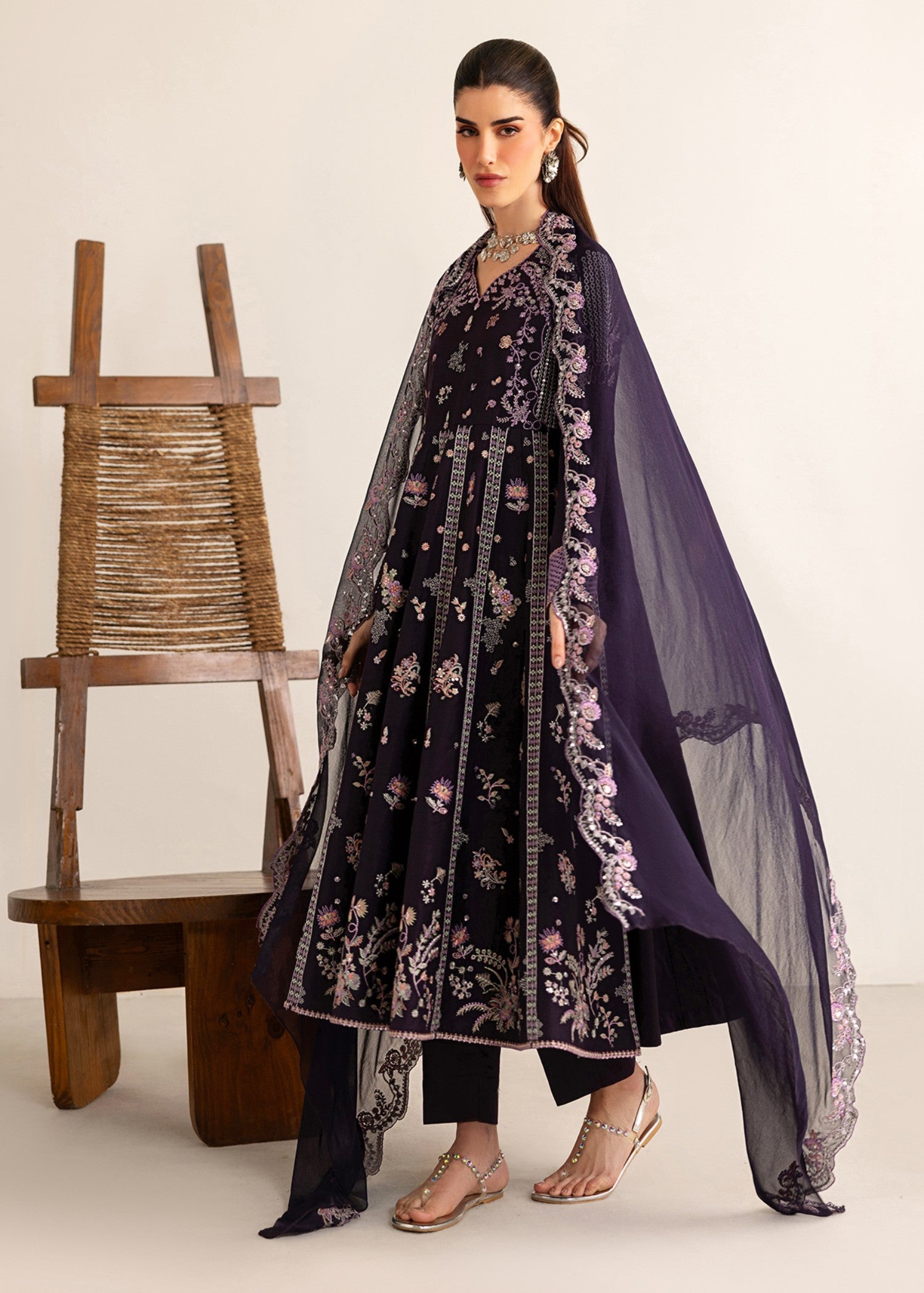 lawn cotton Pishwas in Plum purple