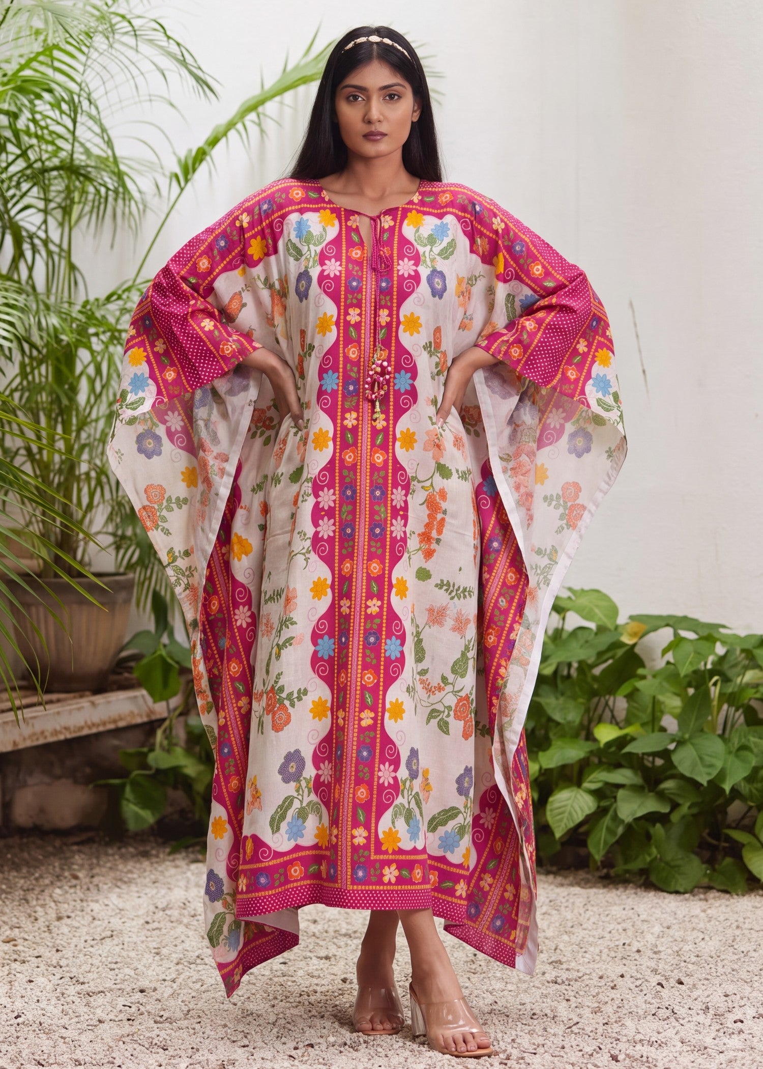 textured lawn Kaftan in Hot pink red