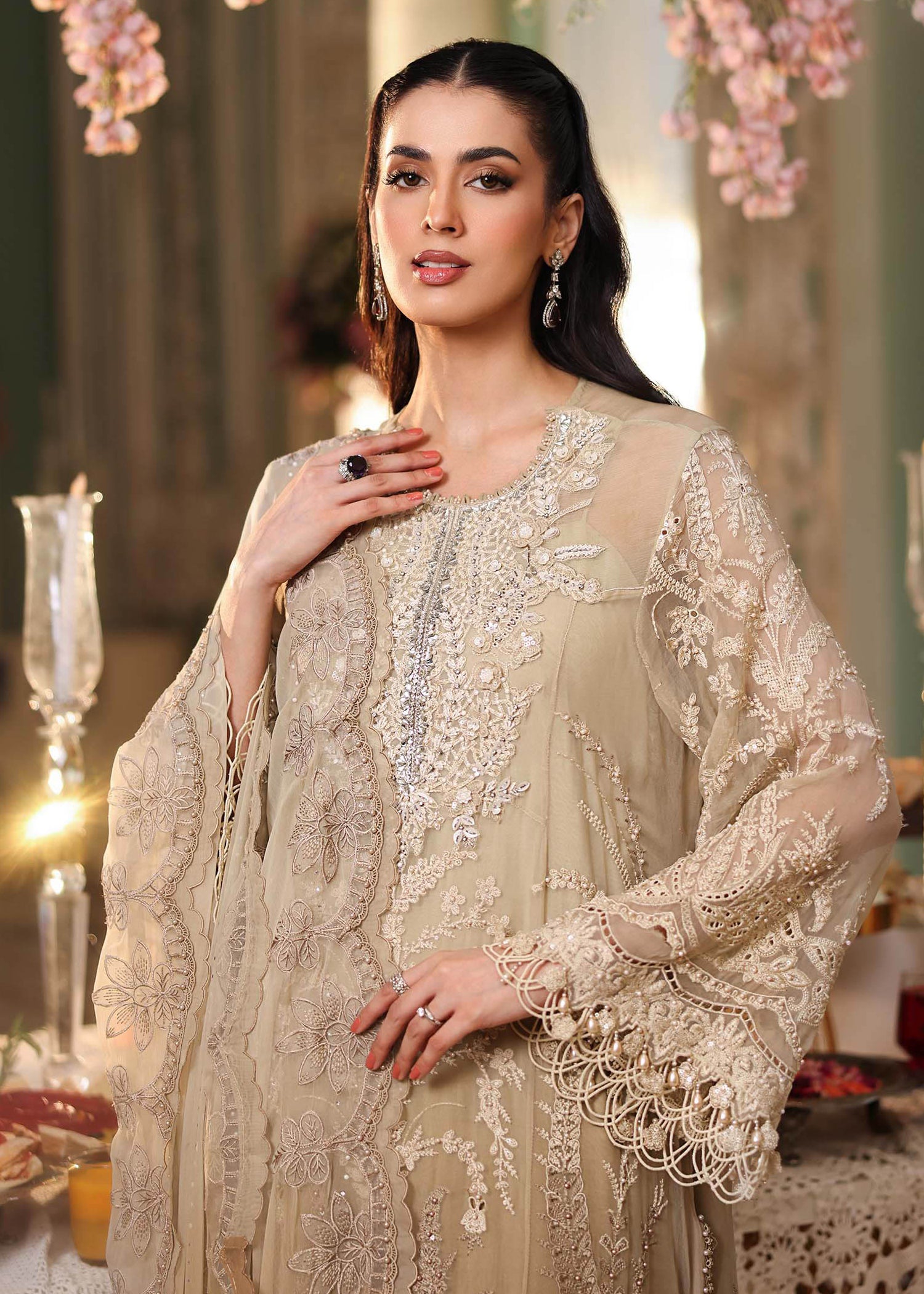 chiffon Unstitched in Coffee brown, ivory
