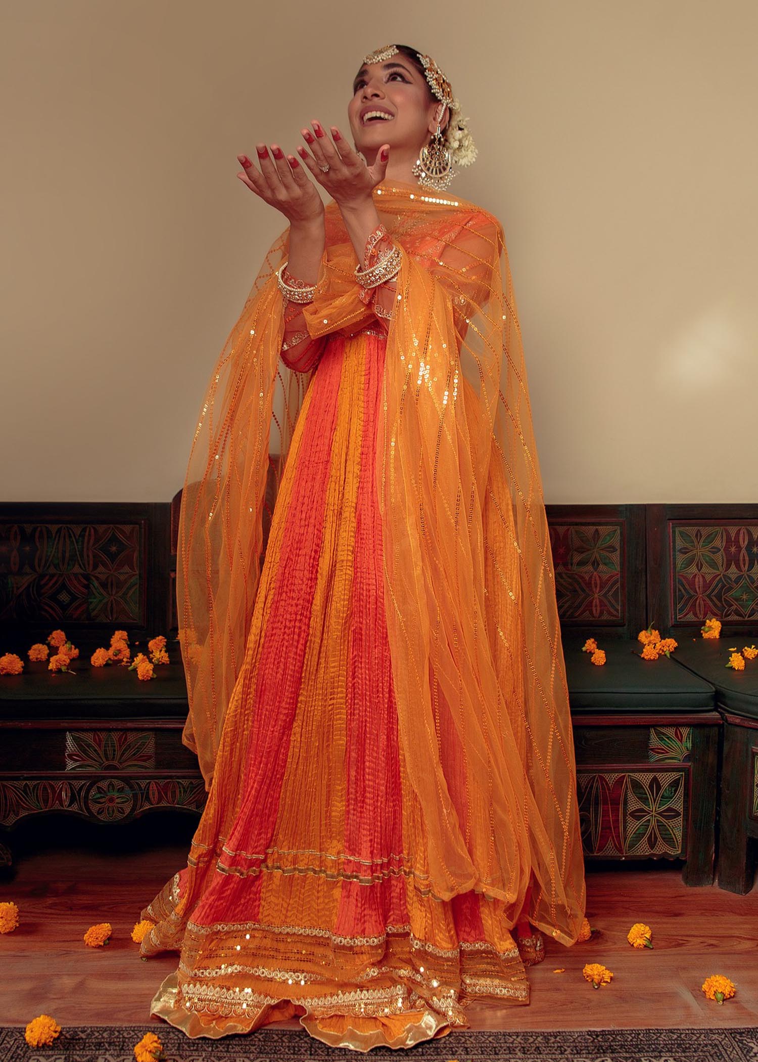 cotton silk Pishwas in Orange