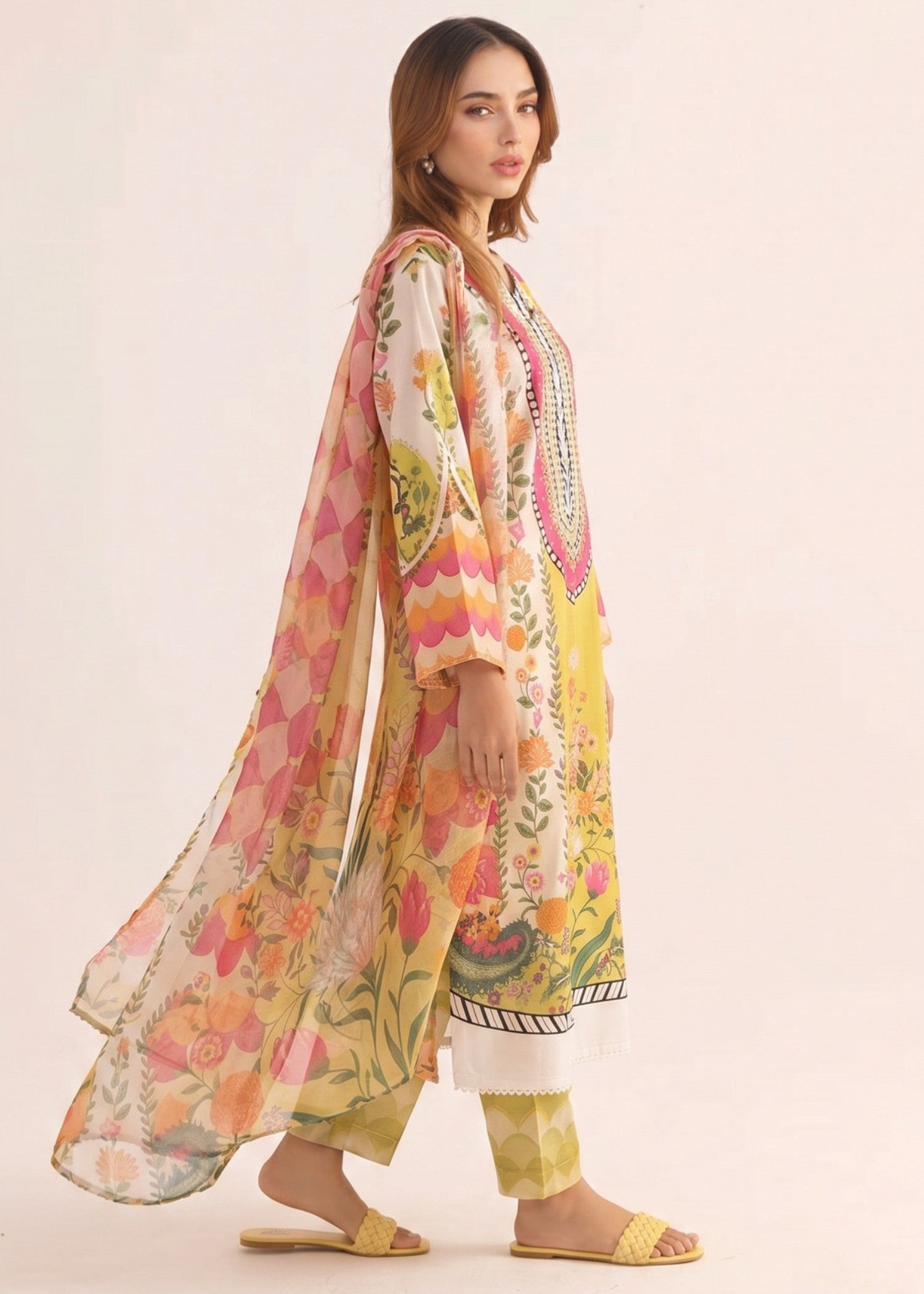 poly lawn Kurta Set in Yellow, multi, hot pink