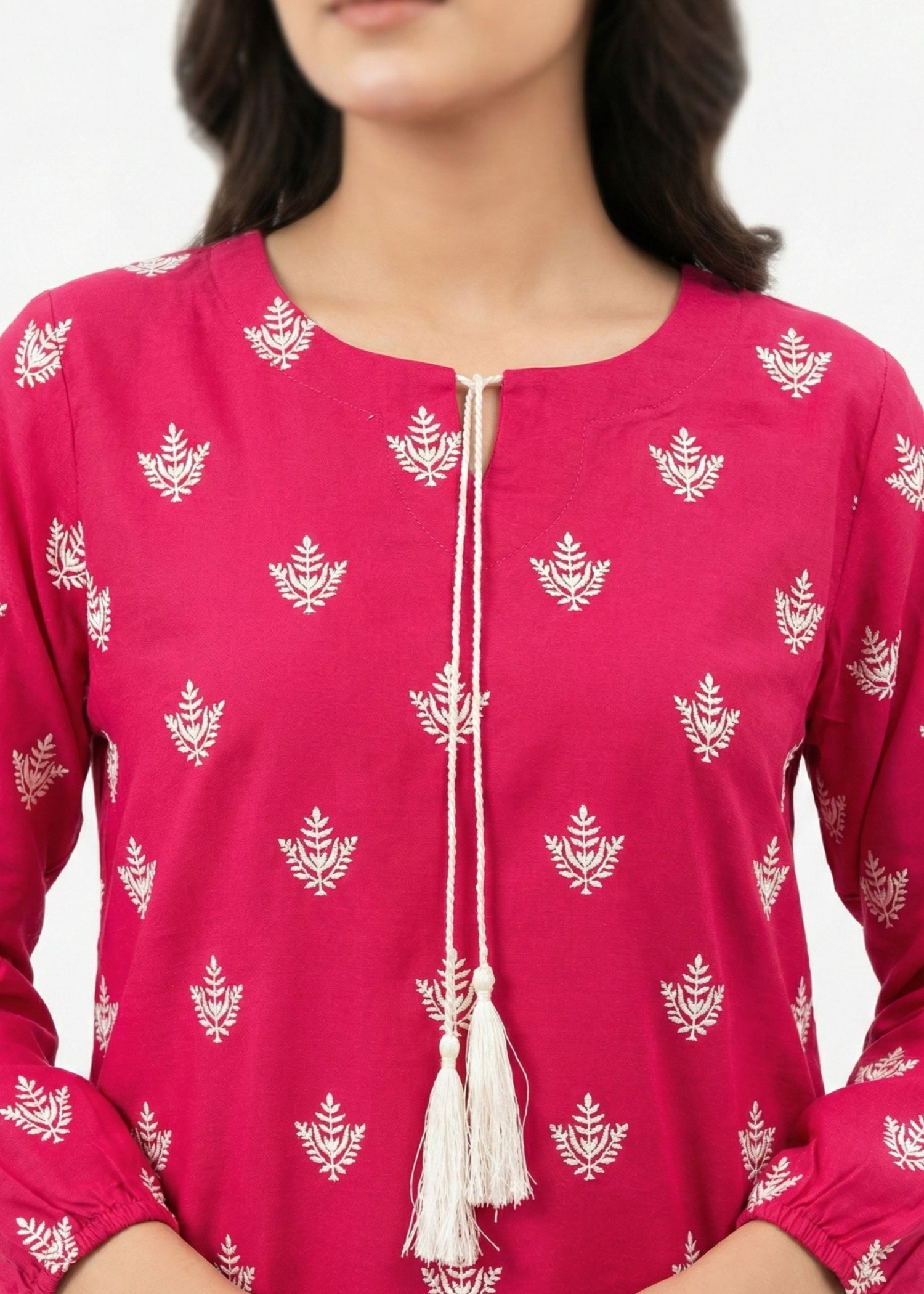 linen Kurta Set in White, hot pink