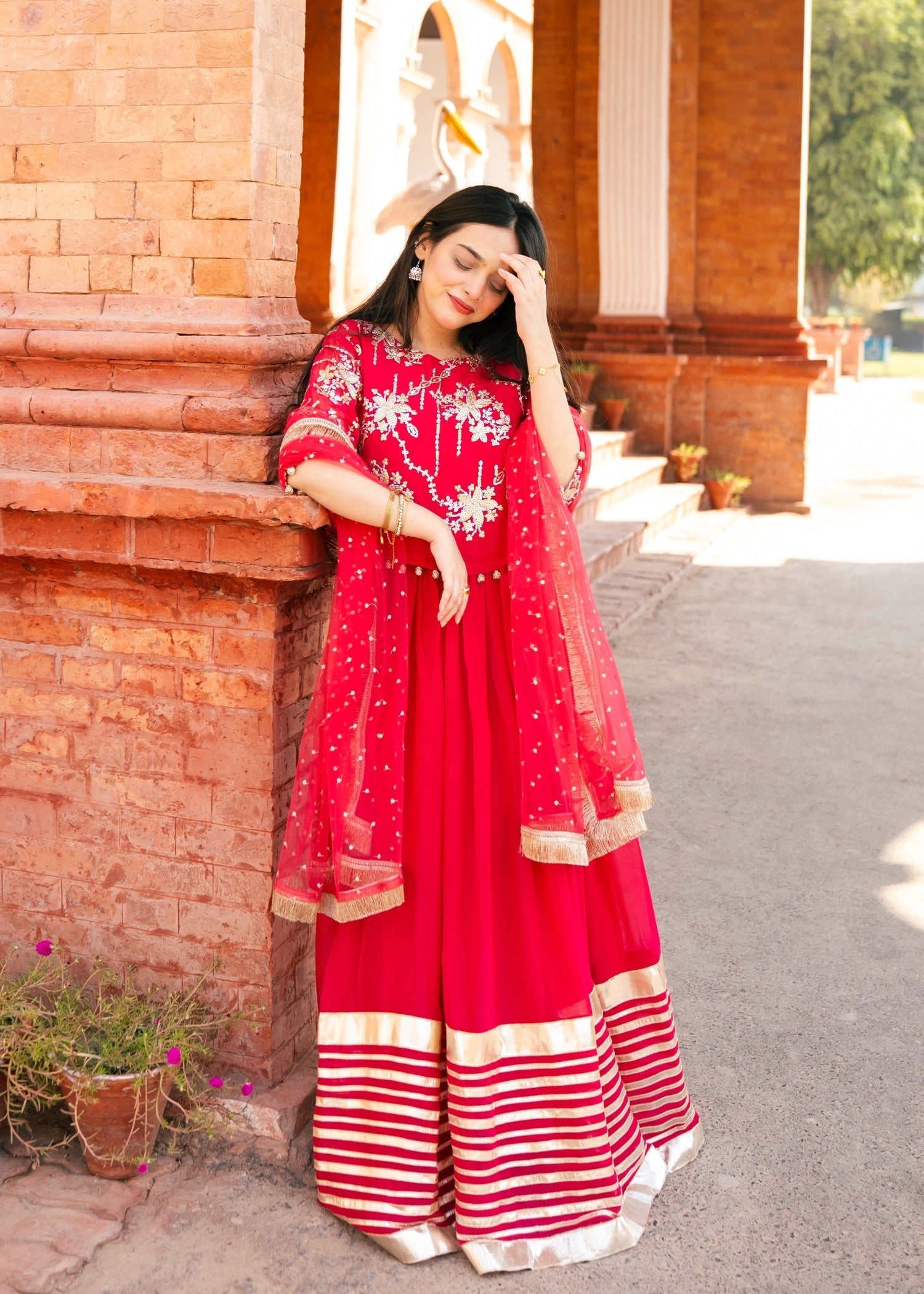 bemberg crinkle chiffon Lehenga in Raspberry pink