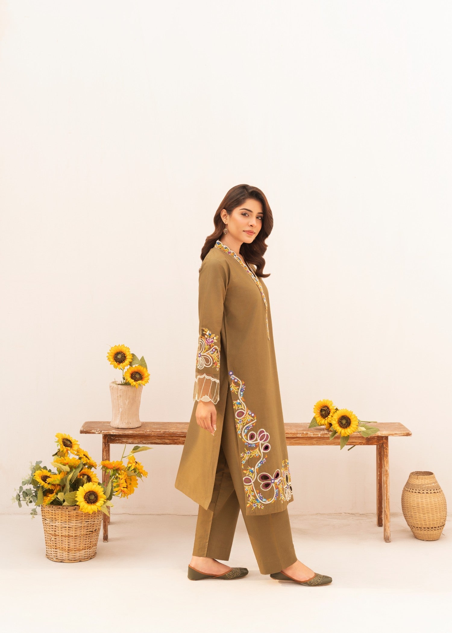 cambric Kurta Set in Brown