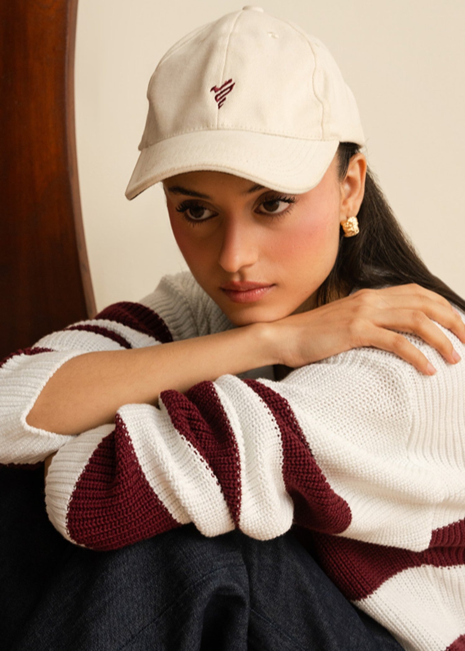 cotton Sweater in Maroon, white