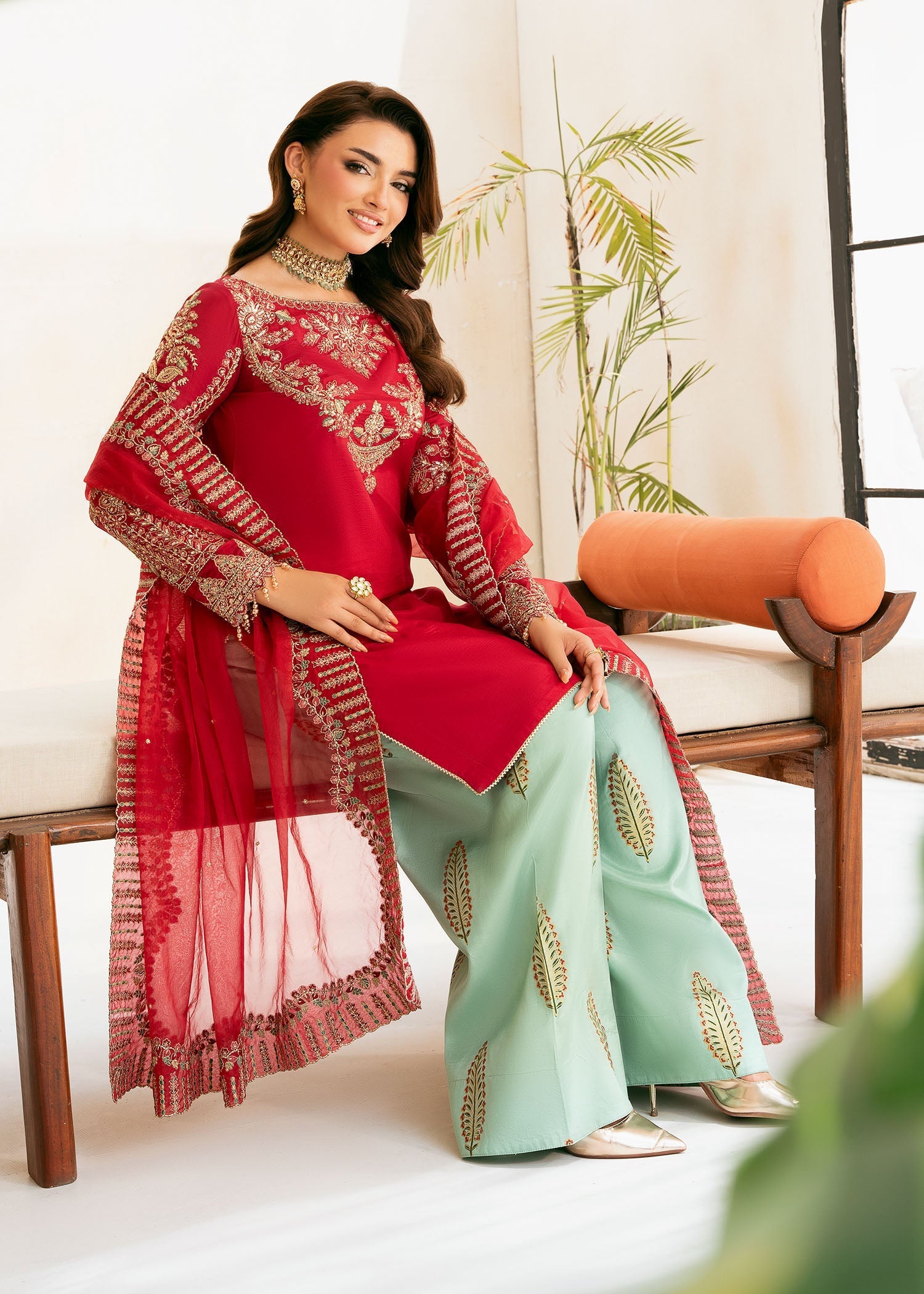 raw silk Kurta Set in Imperial red