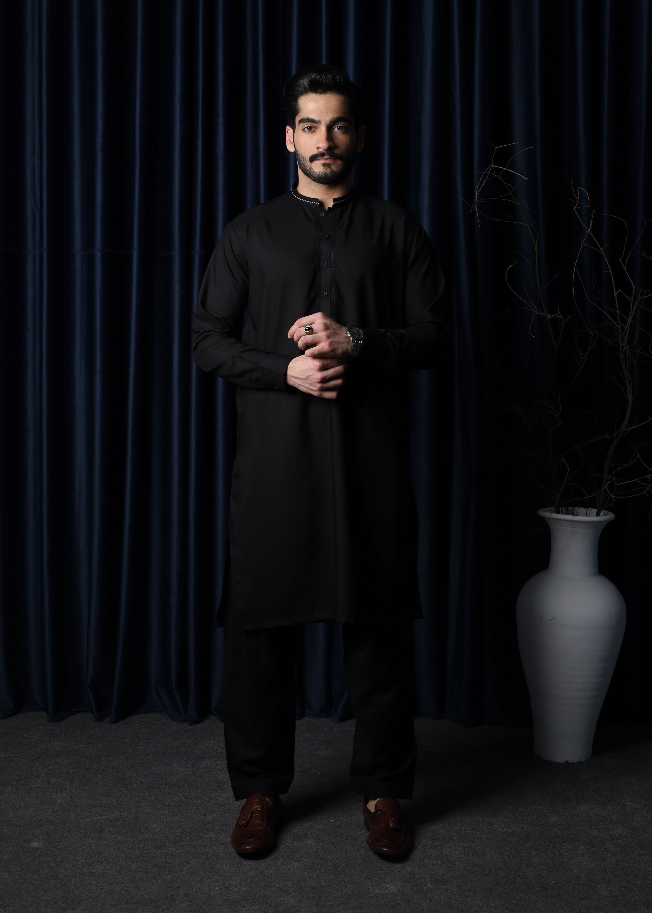 wash & wear Shalwar Kameez in Black by Mazham