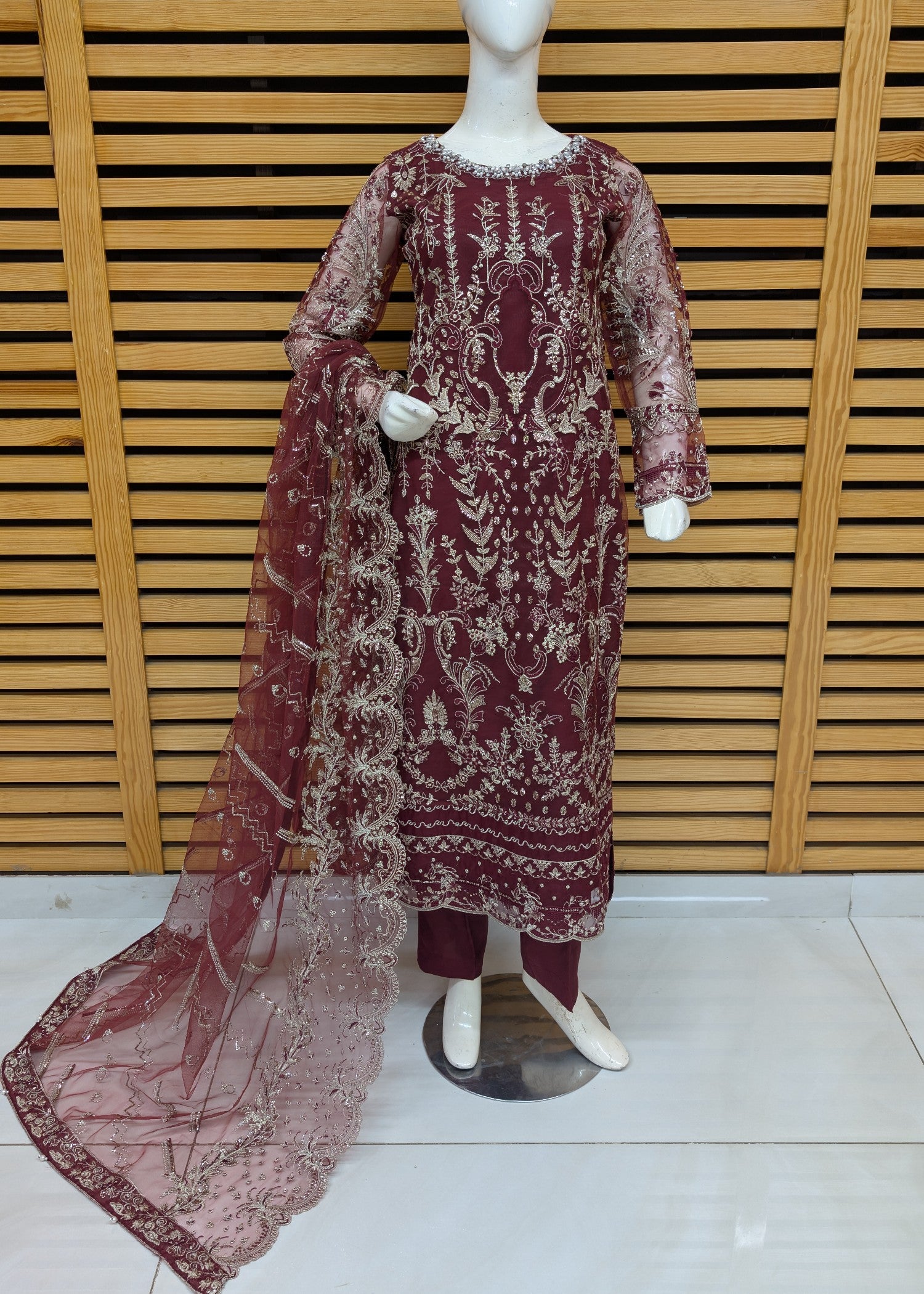 net Kurta Set in Burgundy