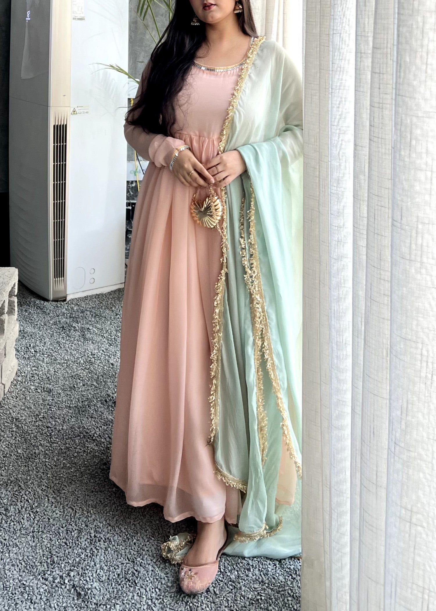 bemberg crinkle chiffon Maxi in Pink, pistachio green