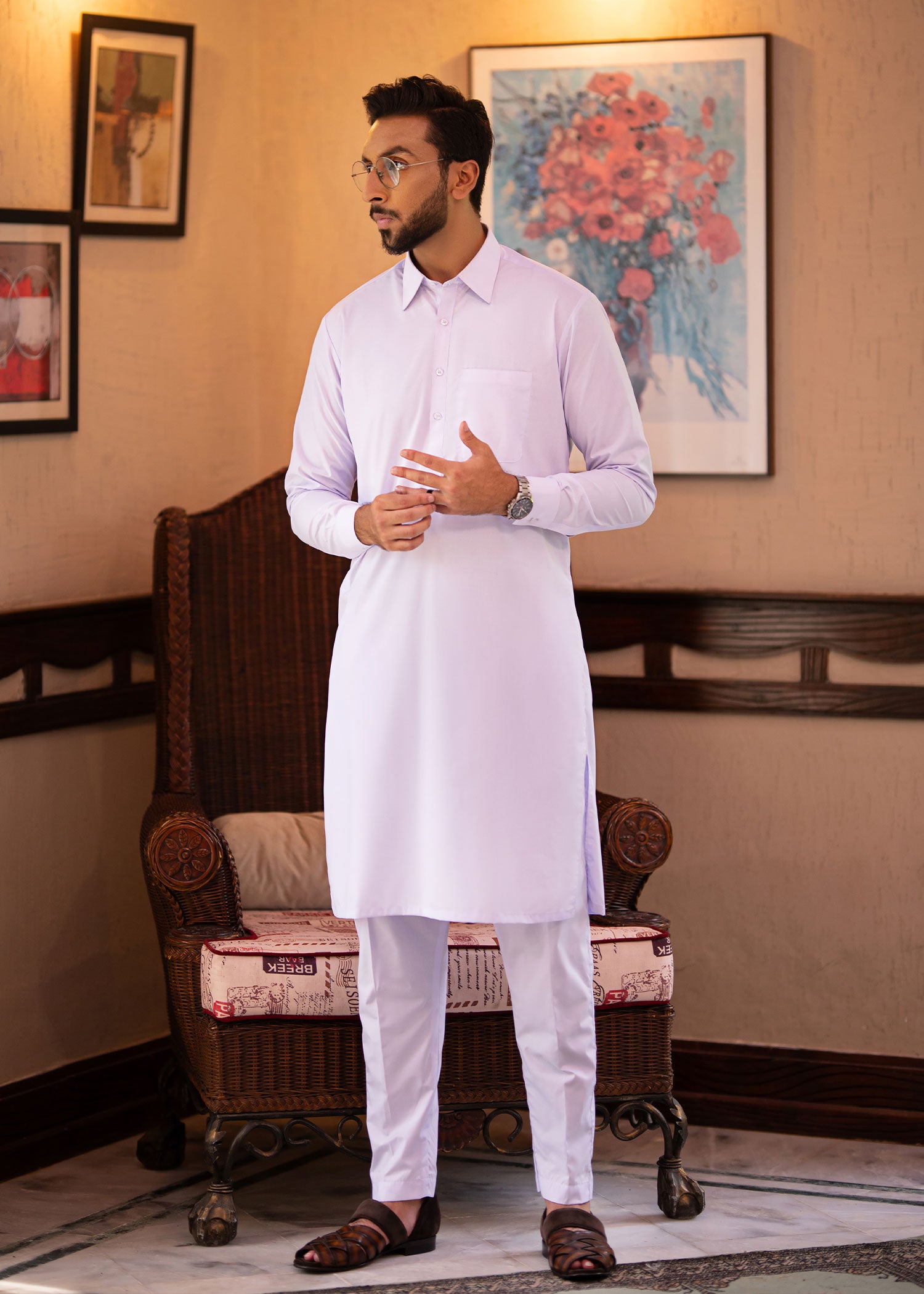 blended satin Kurta Set in White