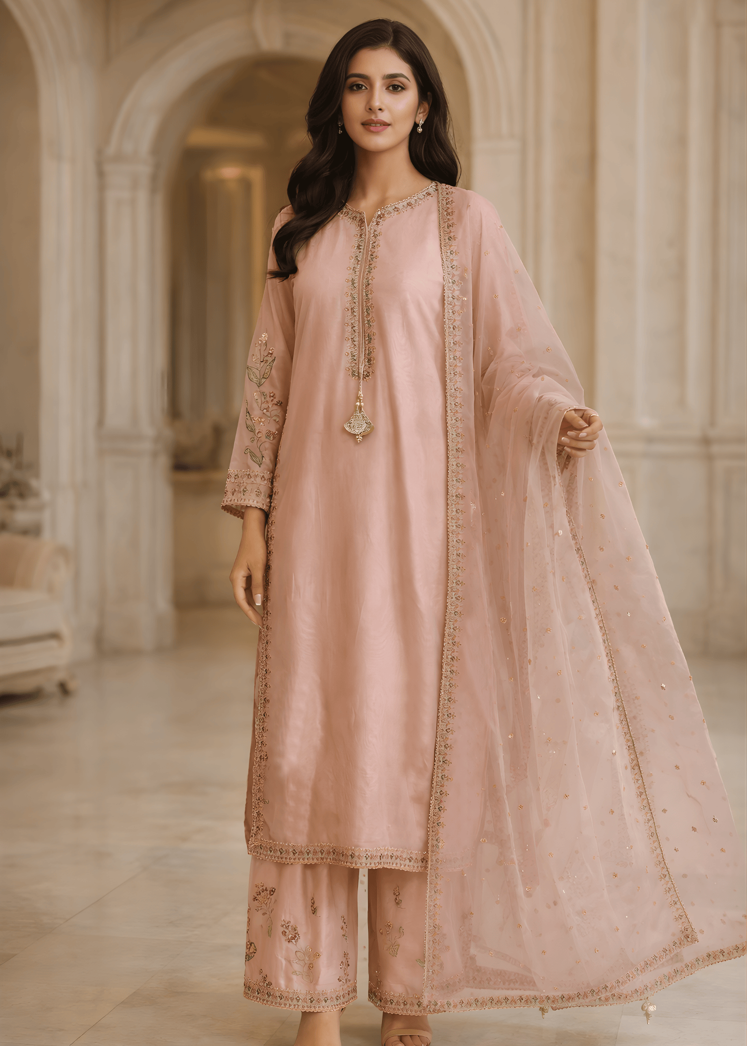 silk Kurta Set in Tea rose pink