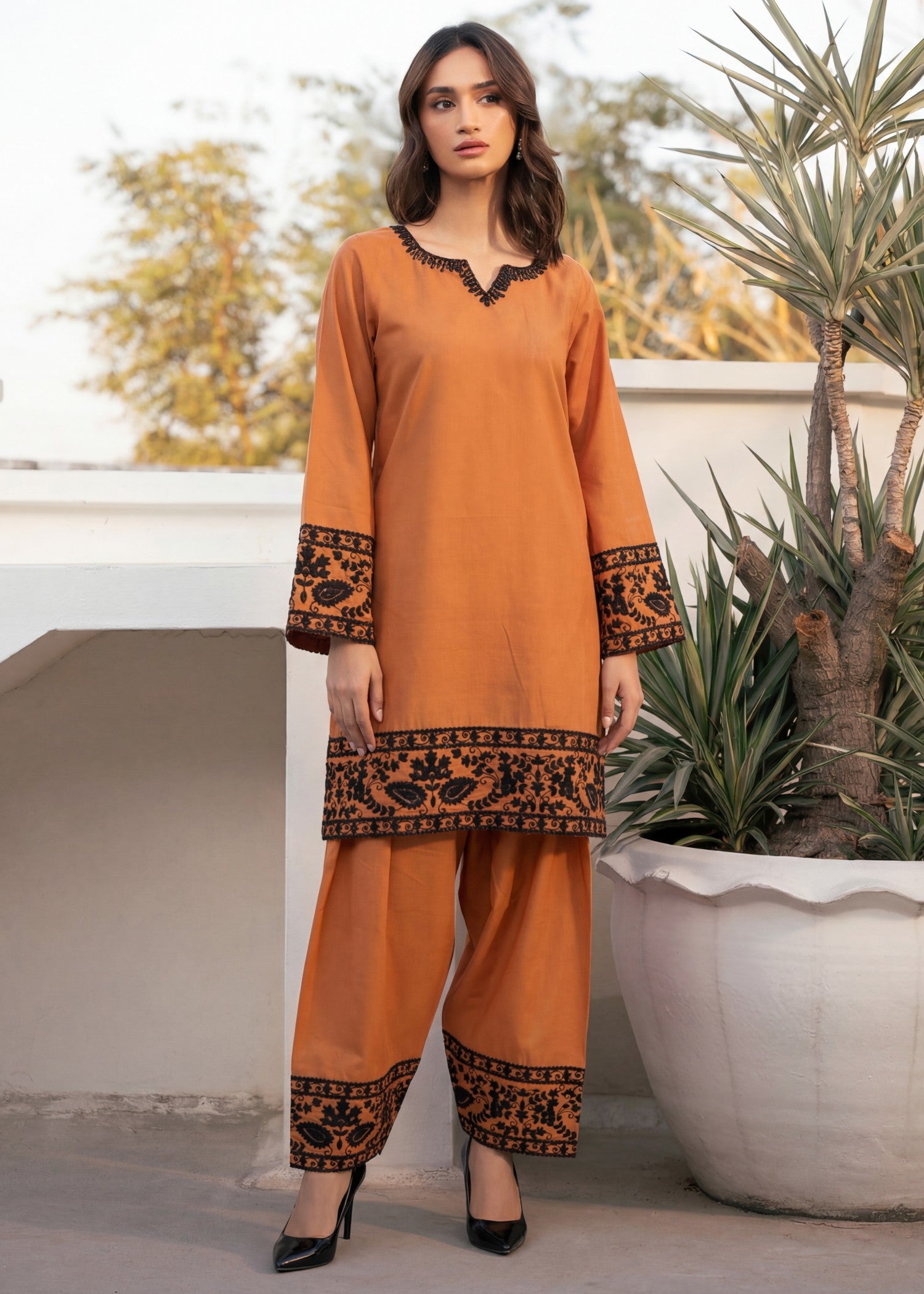 lawn Kurta Set in Sunrise orange
