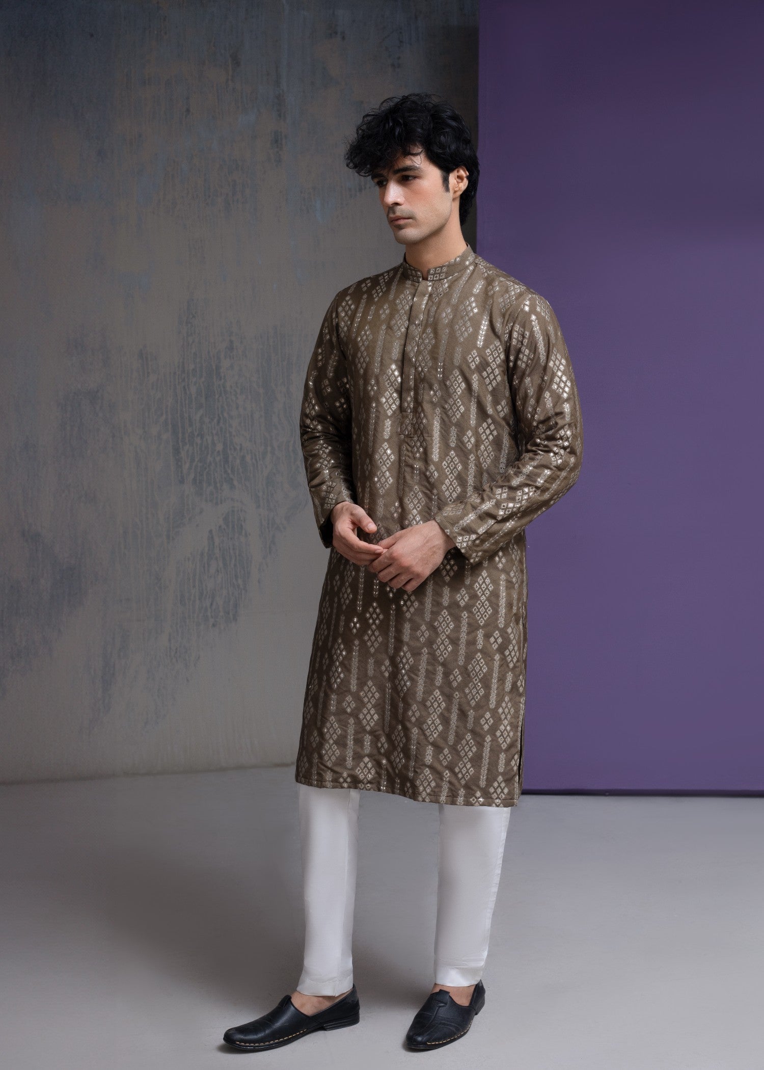 cotton silk Kurta Set in Chocolate brown, gold by House Of Arsalan Iqbal