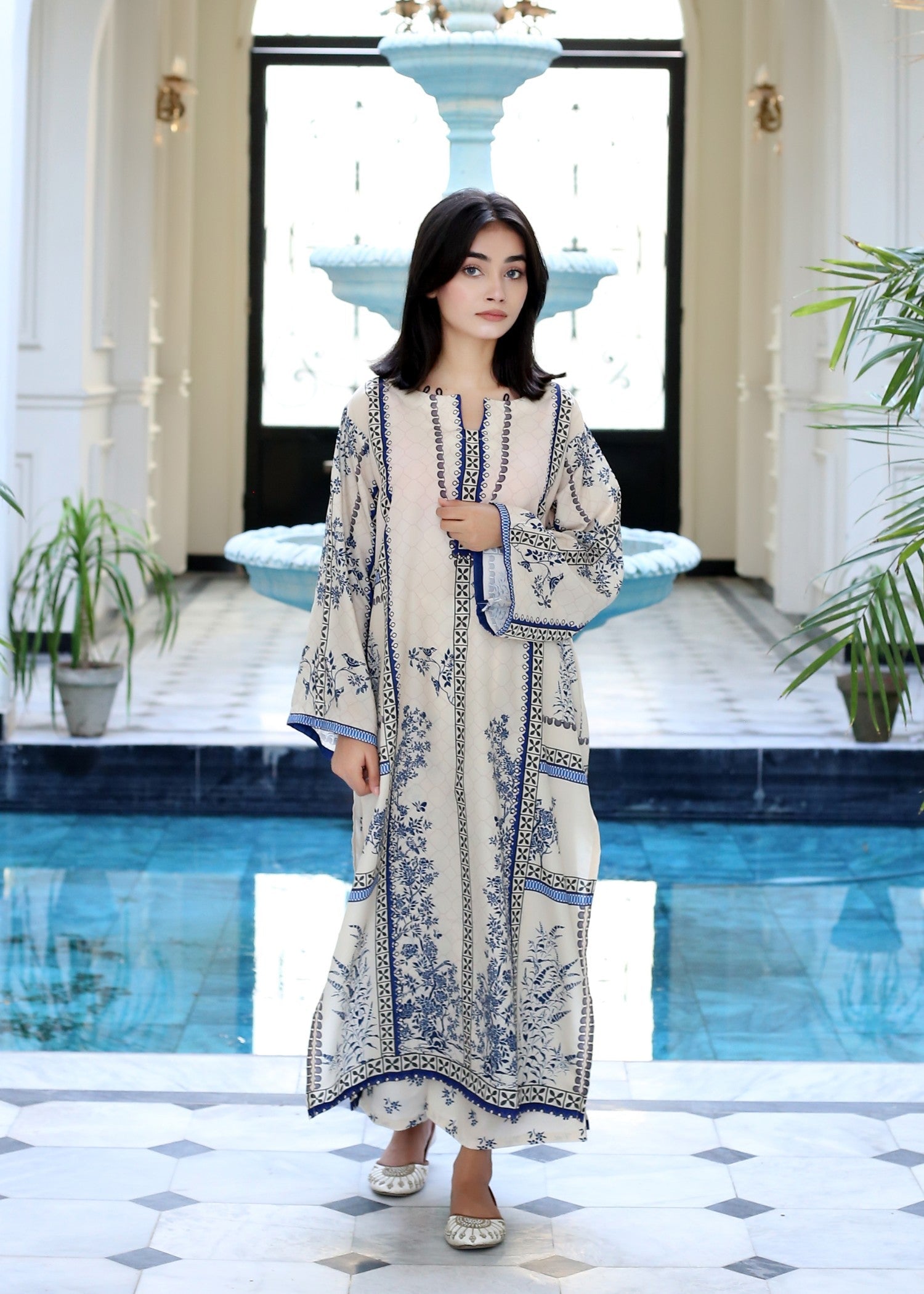 poly lawn Kurta Set in Beige