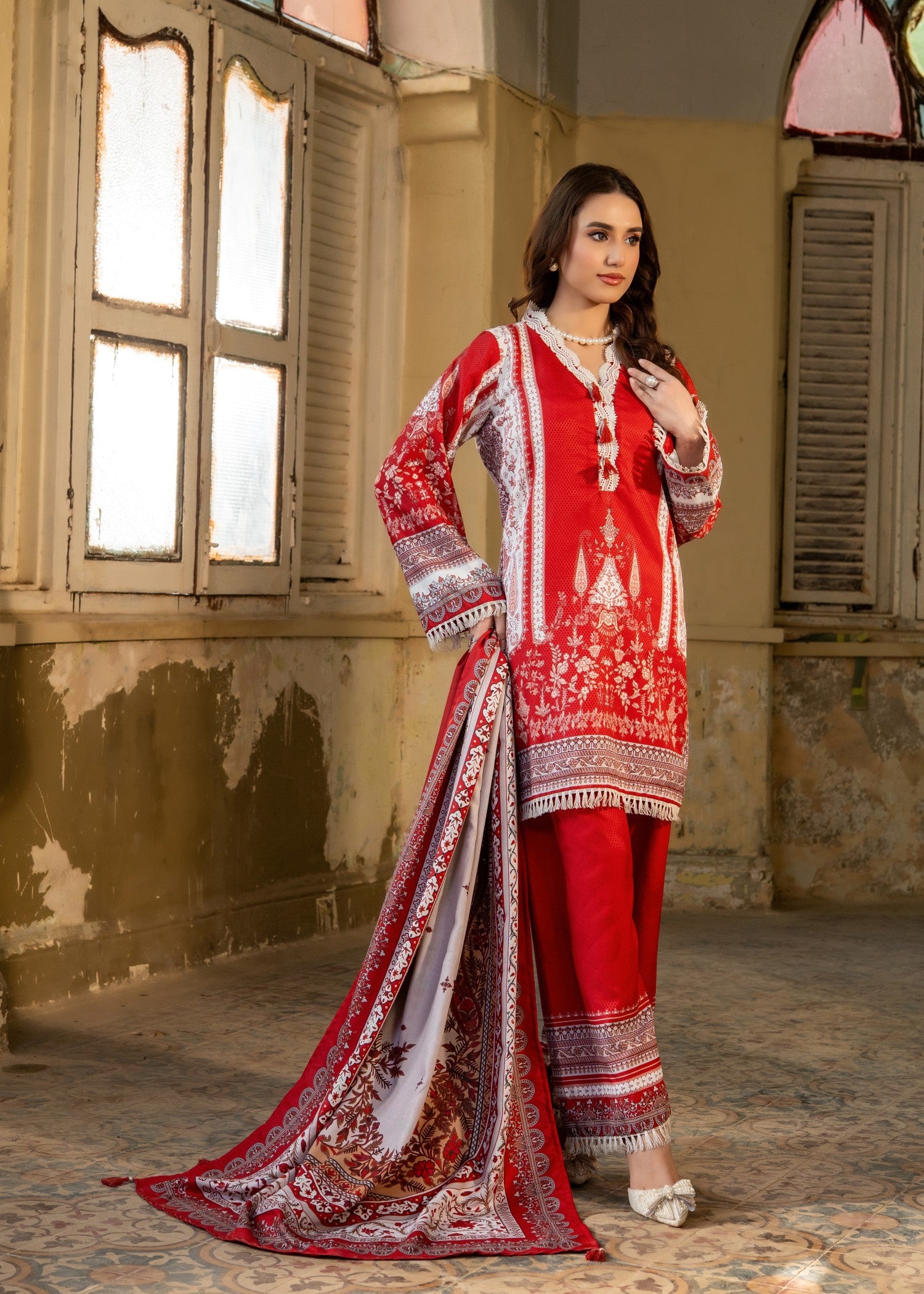 herringbone Kurta Set in Red
