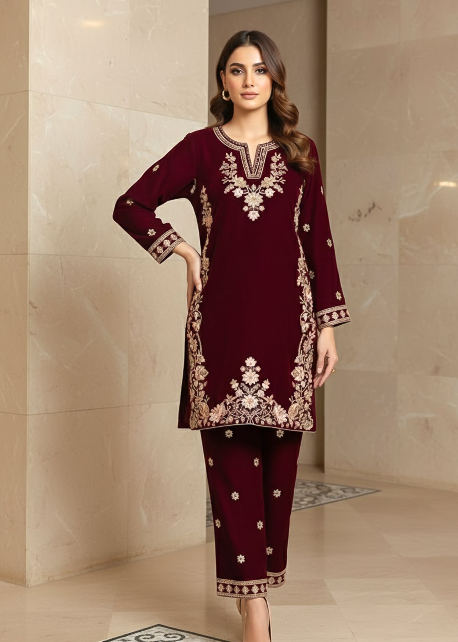 chinese micro velvet 9000 Kurta Set in Maroon