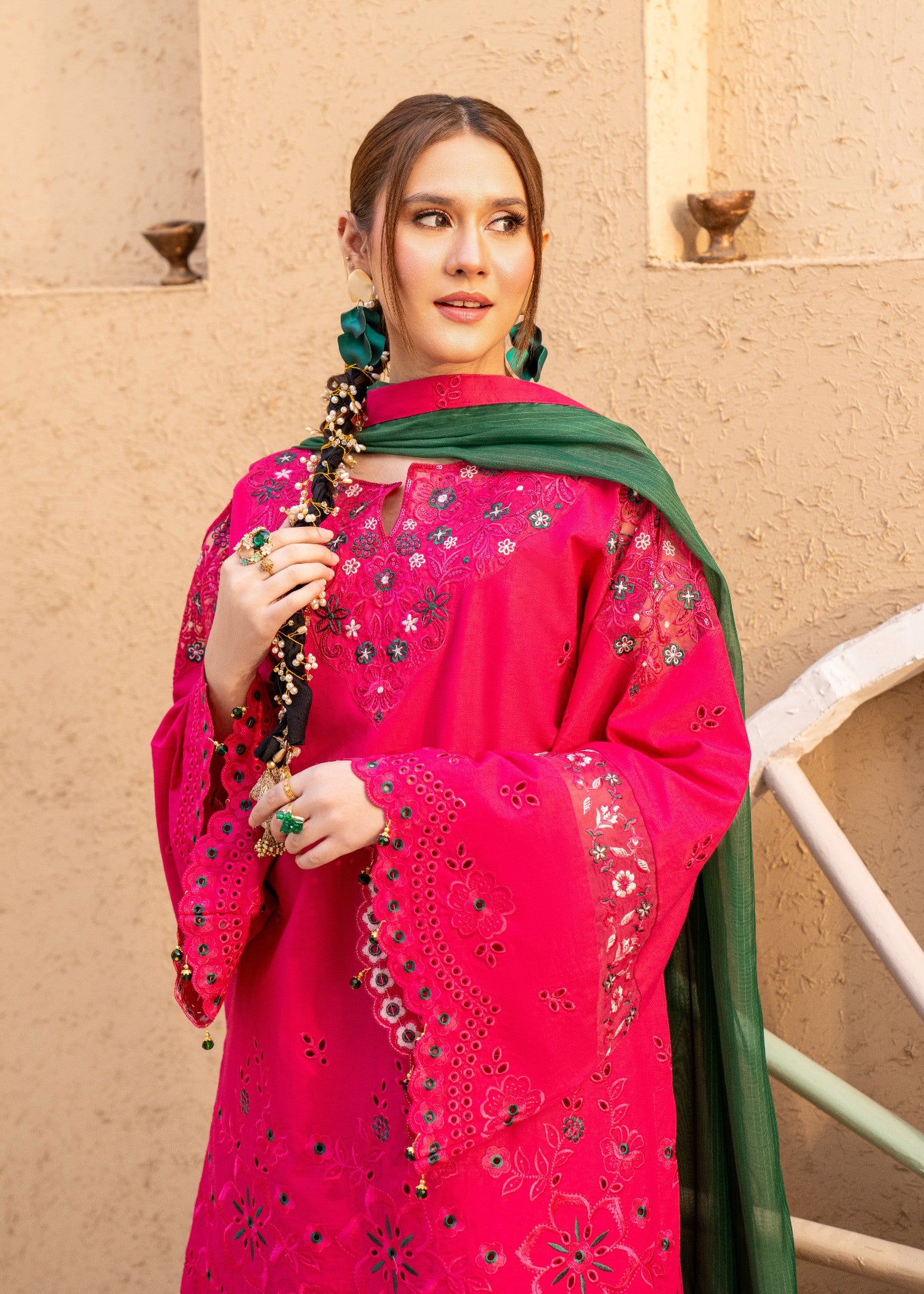 lawn cotton Kurta Set in Hot pink
