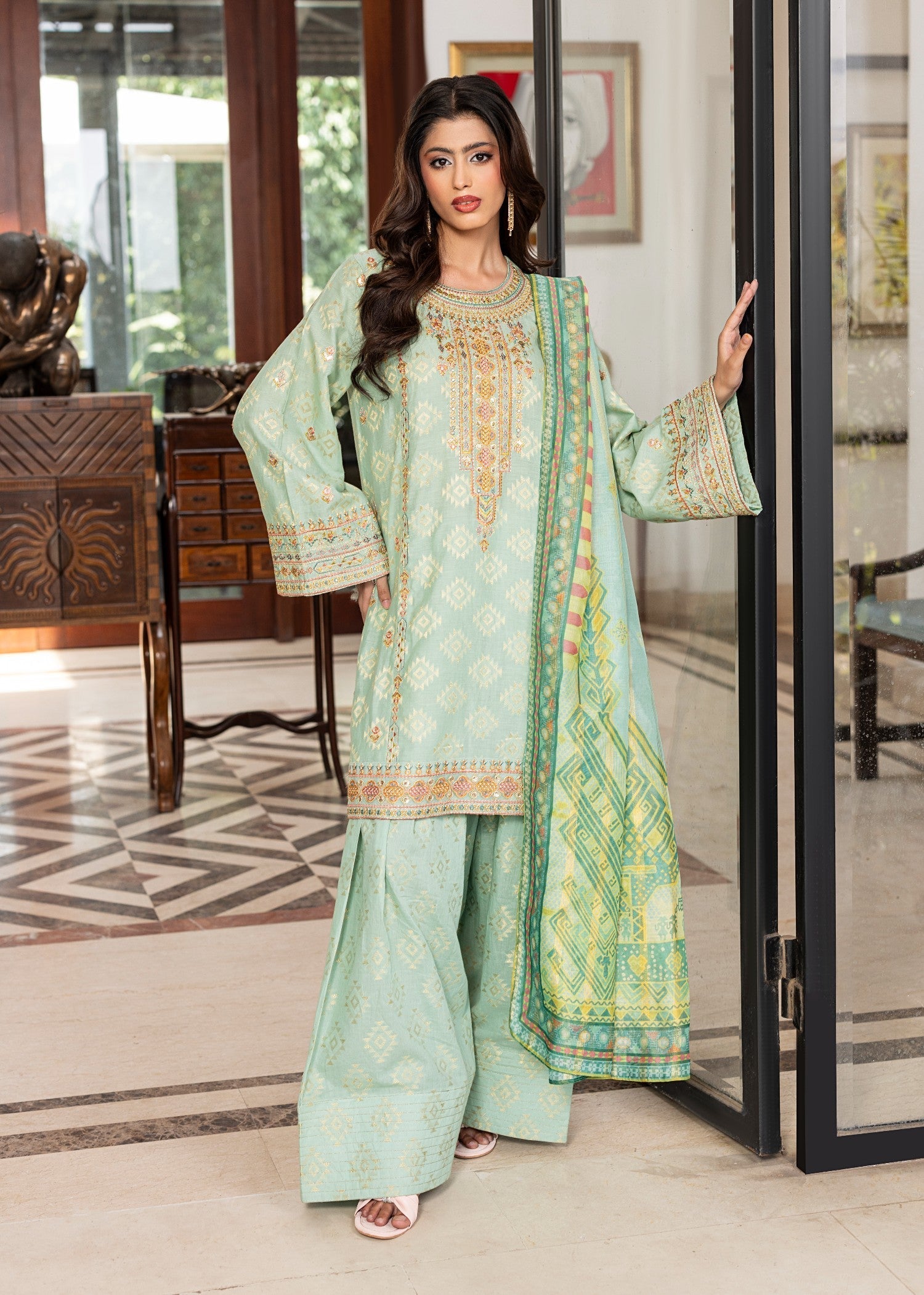 jacquard Kurta Set in Light cyan