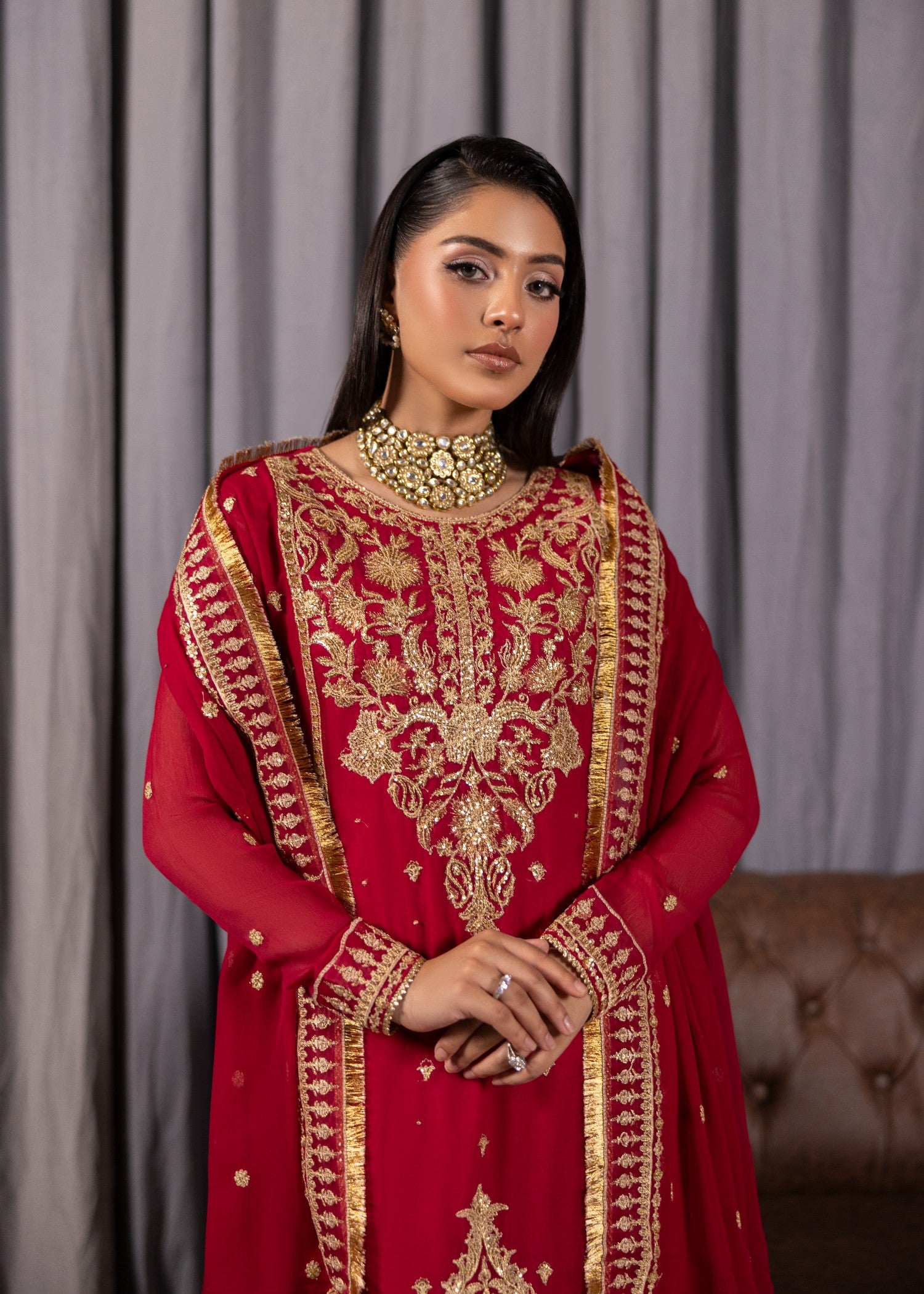bemberg crinkle chiffon Kurta Set in Hot pink red