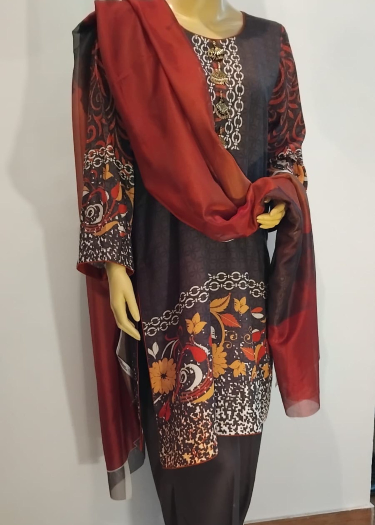 silk finish lawn Unstitched in Dark brown, mustard, peanut