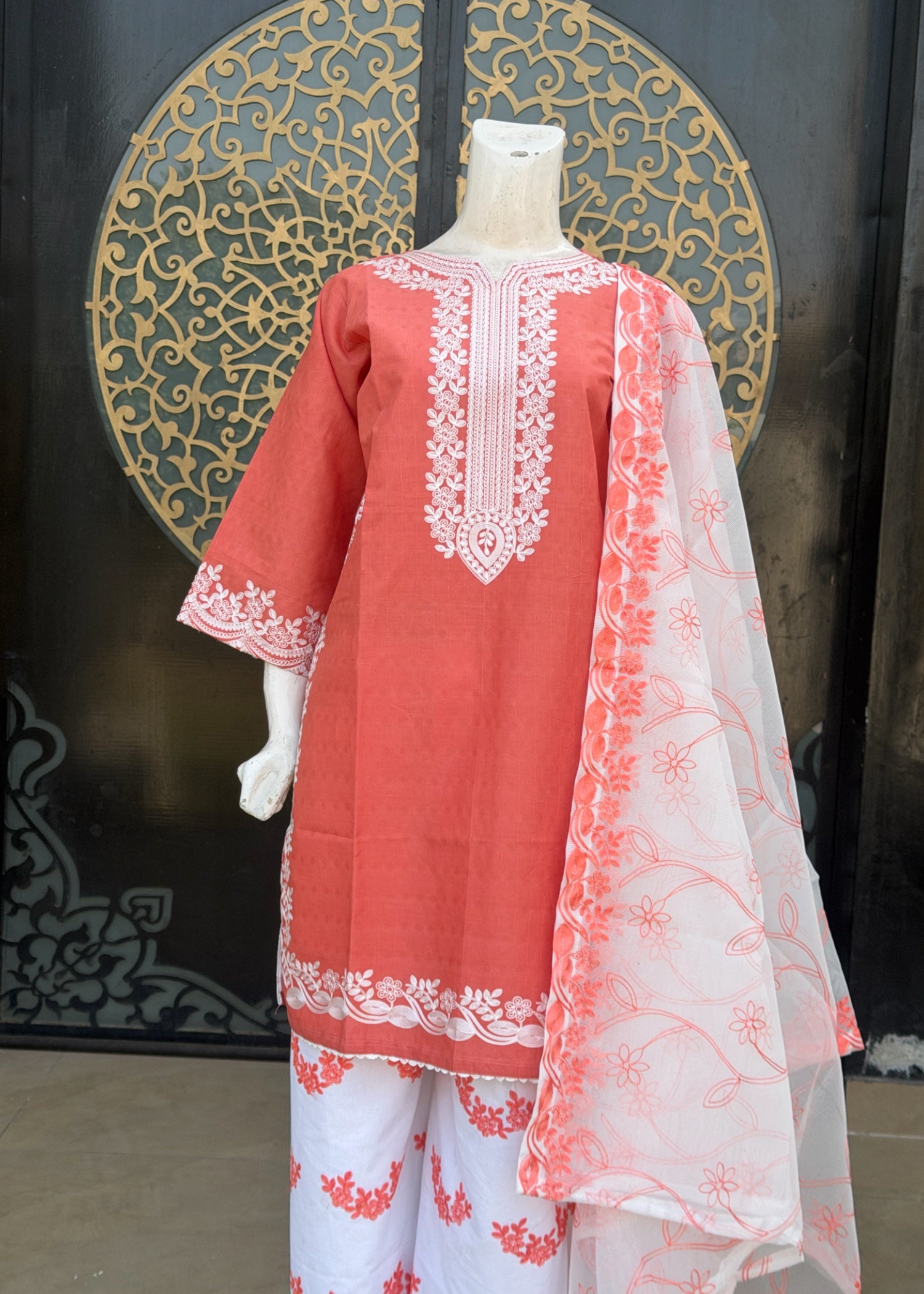 cotton dobby Kurta Set in Peach orange
