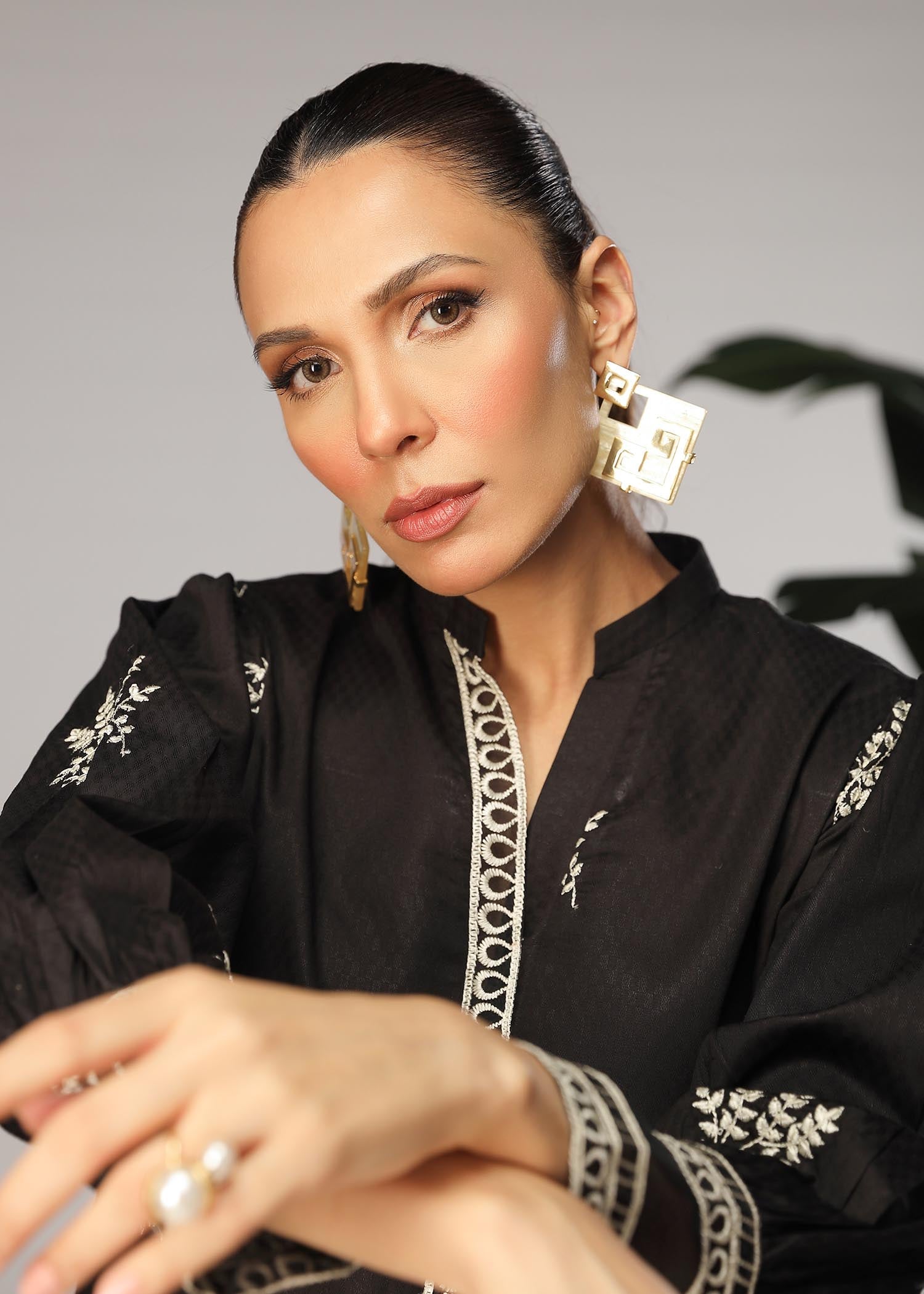 self jacquard Kurta Set in Black