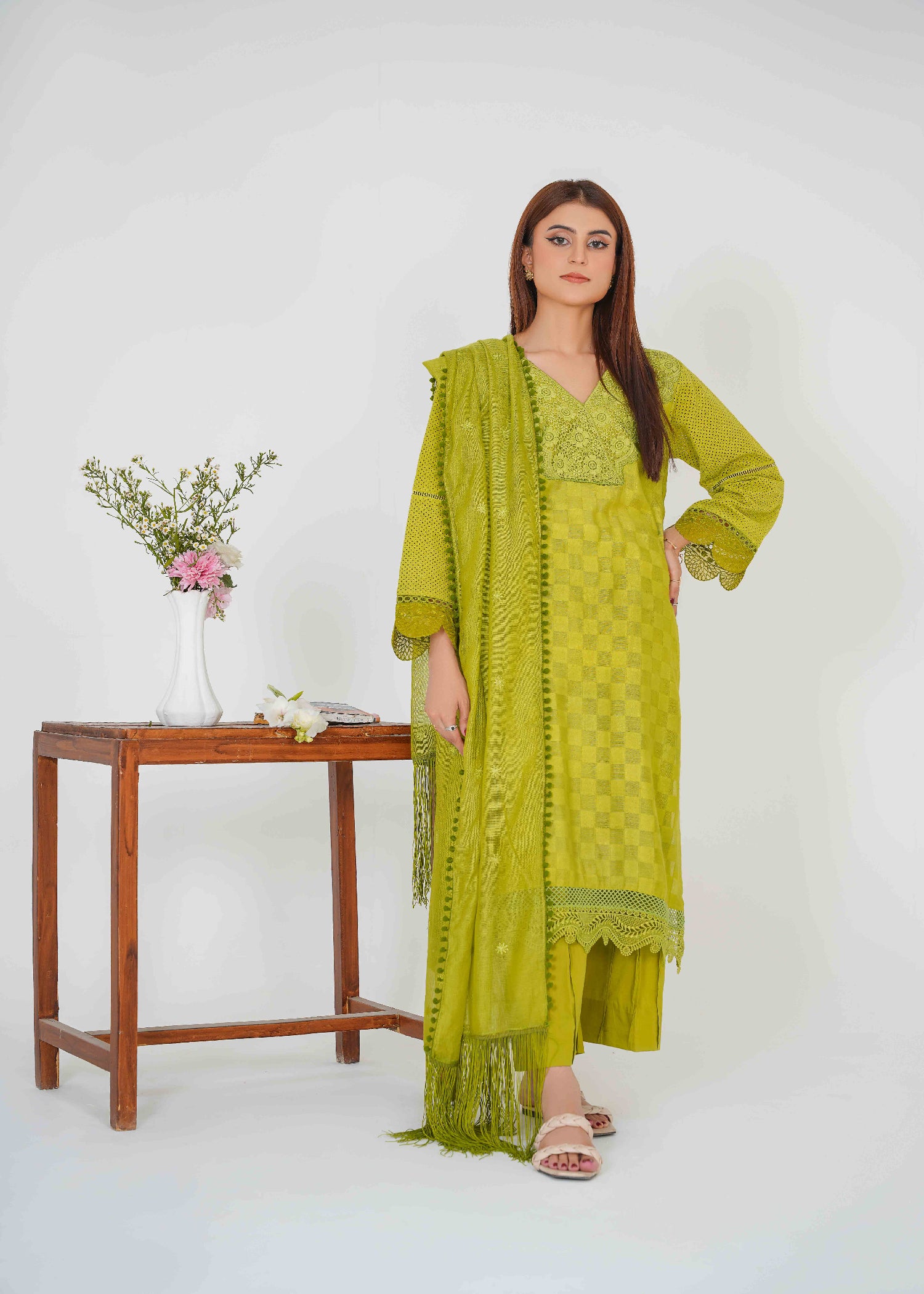 cotton silk Kurta Set in Apple green